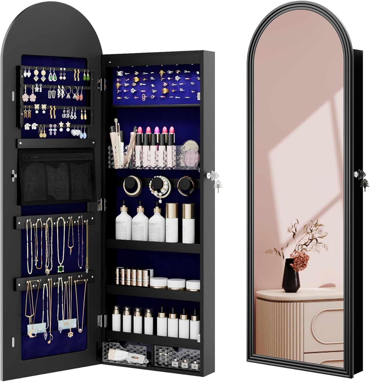 Jewelry Cabinet Organizer with Mirror, 47 inch Lockable Full-Length Mirror Jewelry Armoire Hanging Door/Wall Mounted with 6 LEDS, Arched Framed Mirror Cabinet with Storage, Gift for Women, Black