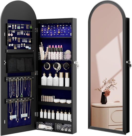 Jewelry Cabinet Organizer with Mirror, 47 inch Lockable Full-Length Mirror Jewelry Armoire Hanging Door/Wall Mounted with 6 LEDS, Arched Framed Mirror Cabinet with Storage, Gift for Women, Black