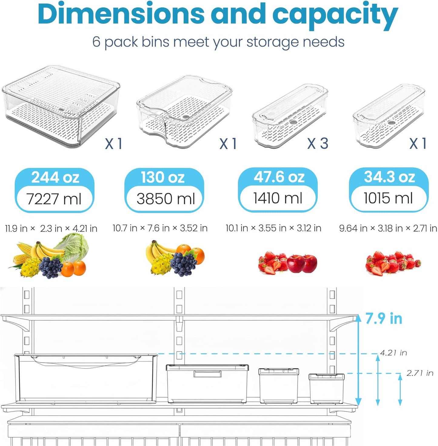 8 Pack Refrigerator Organizers, Clear Pull-out Drawer Container and Organizer Bins with Lids, Stackable Storage Containers for Fruits, Vegetable (Set of 6 (Include Pull-out Drawer))