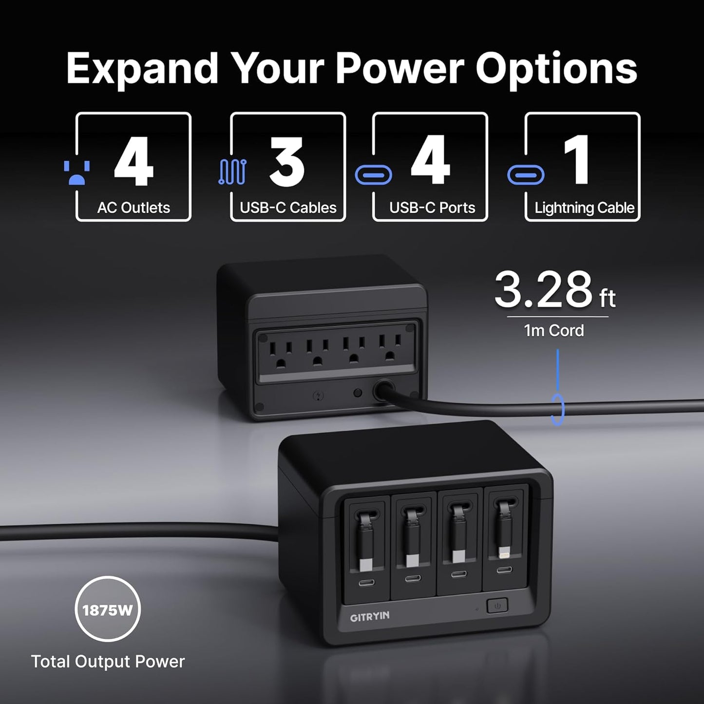 Gitryin 12-in-1 Desktop Charging Station with 3 Retractable Type-C Chargers and 1 Lightning Charger, 40W USB-C Power Strip with Flat Plug, Extension Cord with 1020J Surge Protection for Home Office