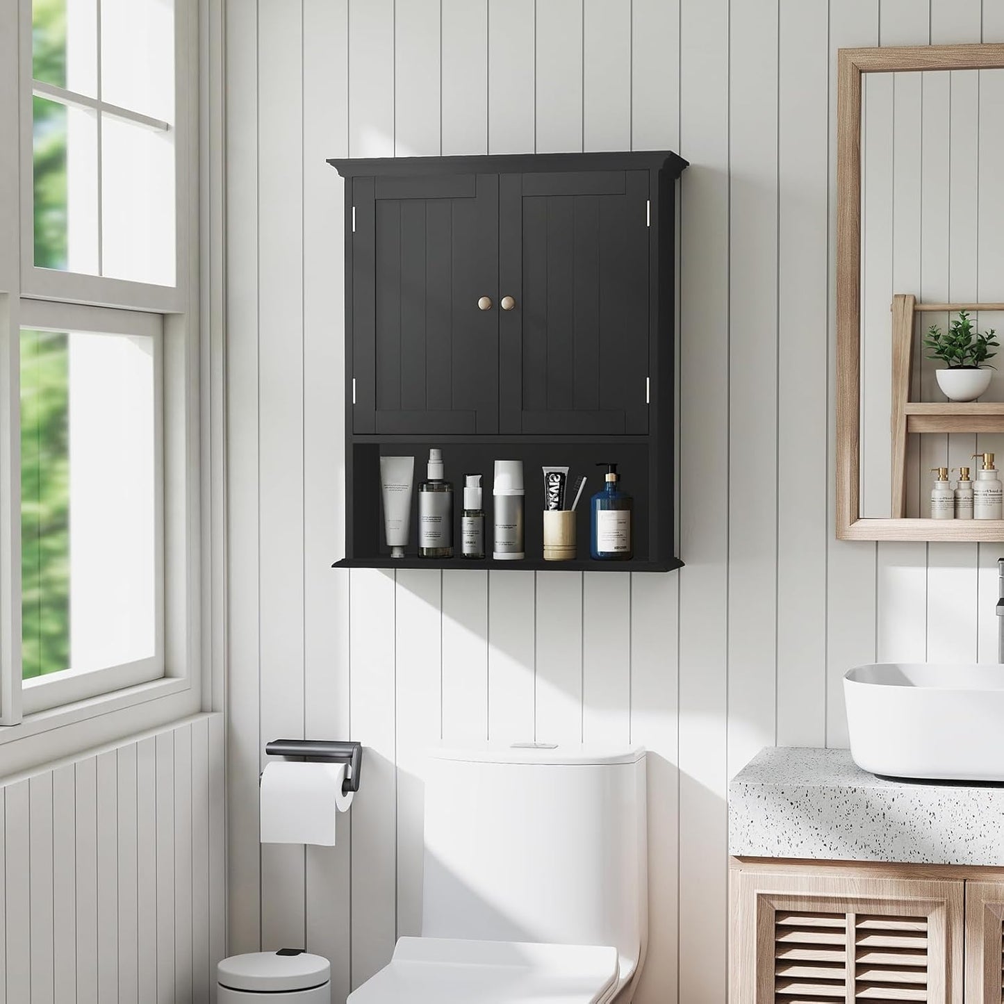 Tangkula Bathroom Wall Cabinet, Wooden Hanging Storage Cabinet with Doors & Shelves, Multipurpose Storage Cabinet for Restroom Kitchen Living Room, Wall Mounted Bathroom Medicine Cabinet (Black)