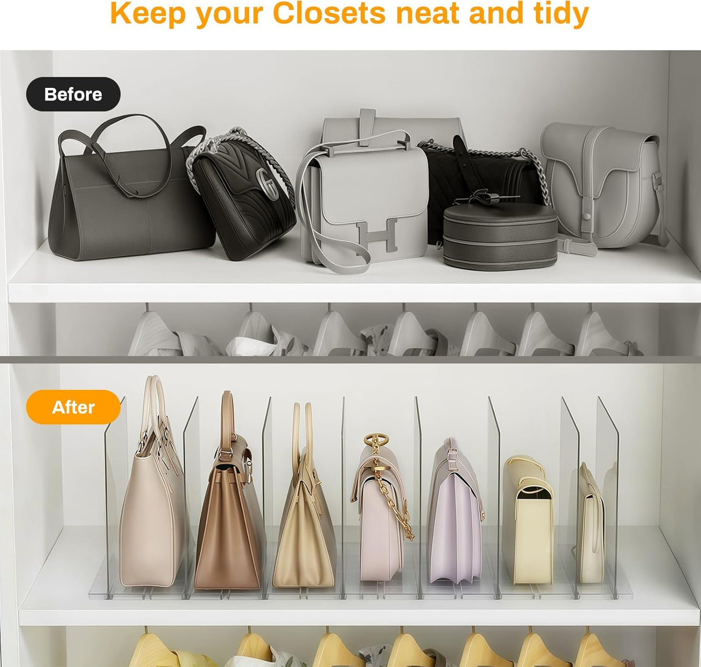 Purse Organizer for Closet Organizers and Storage, Adjustable Clear Shelf Dividers for Purse Organizer, Closet Shelf Storage Suitable for Bookshelf Dividers, Bedroom, Offices(2Set-Small)