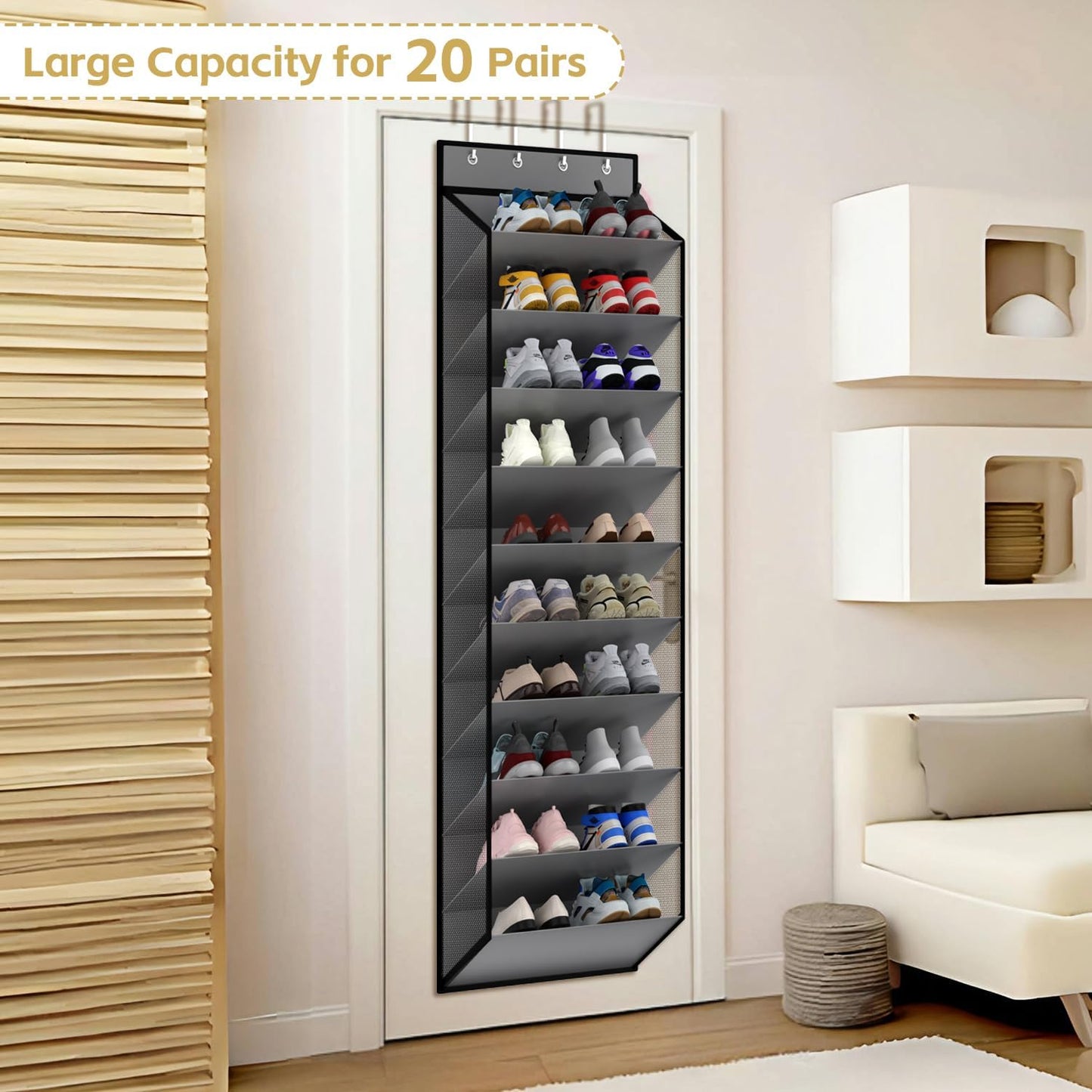 KEEPJOY 10 Tiers Mesh Over Door Shoe Organizer Storage, Hanging Shoe Holder for Door with Large Deep Pockets, Holds 20-30 Pairs of Shoes, Ideal for Sneakers & Boots.(Grey)