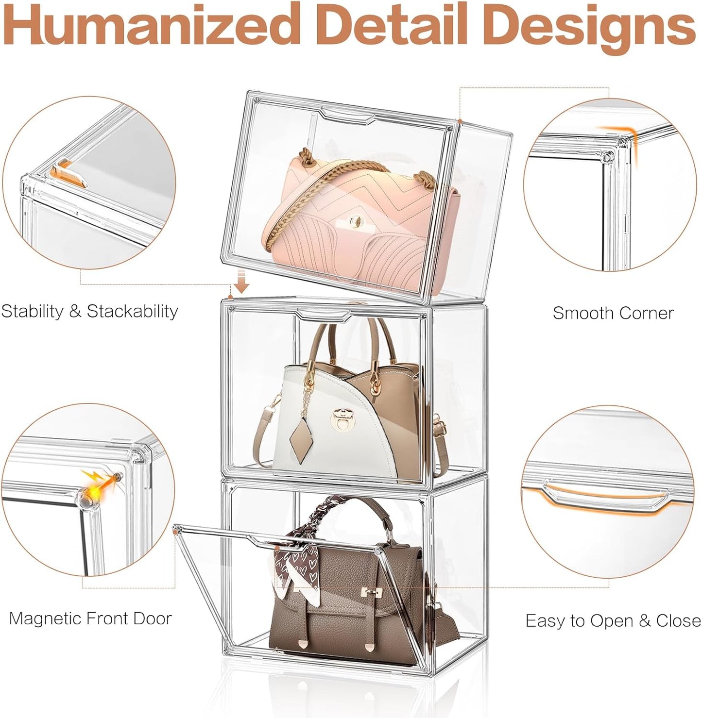 5 Packs Clear Handbag Storage Organizer for Closet, Purse Organizer Acrylic Display Case for Handbag, Stackable Storage Box with Magnetic Door for Wallet Book Toys Collectibles