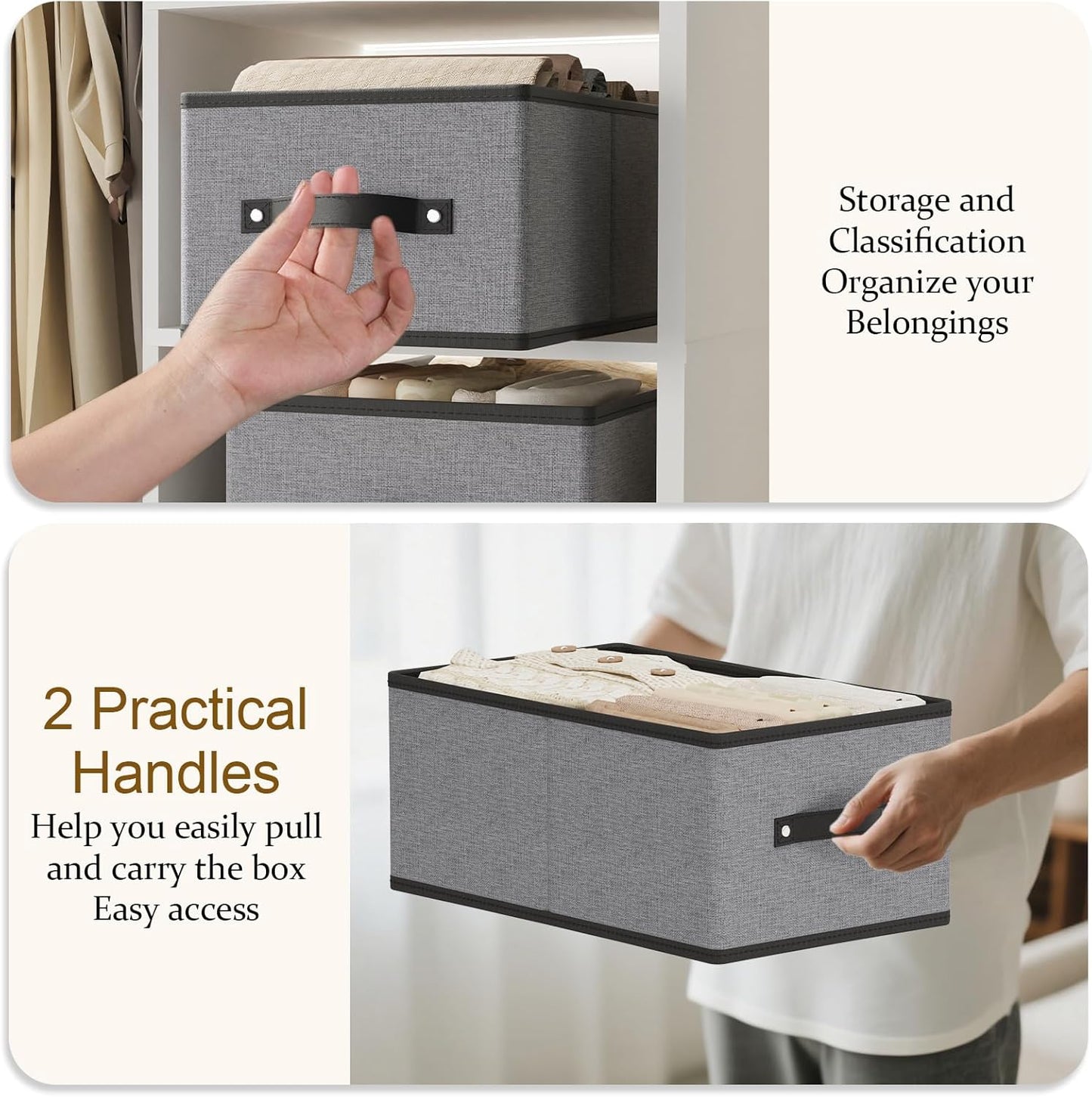 Foldable Clothing Storage Baskets, 16.1 × 9.8 × 6.5 Inch Drawer Organizers with Handles, Storage Bins for Shelves, Gray, Large, 2-Pack