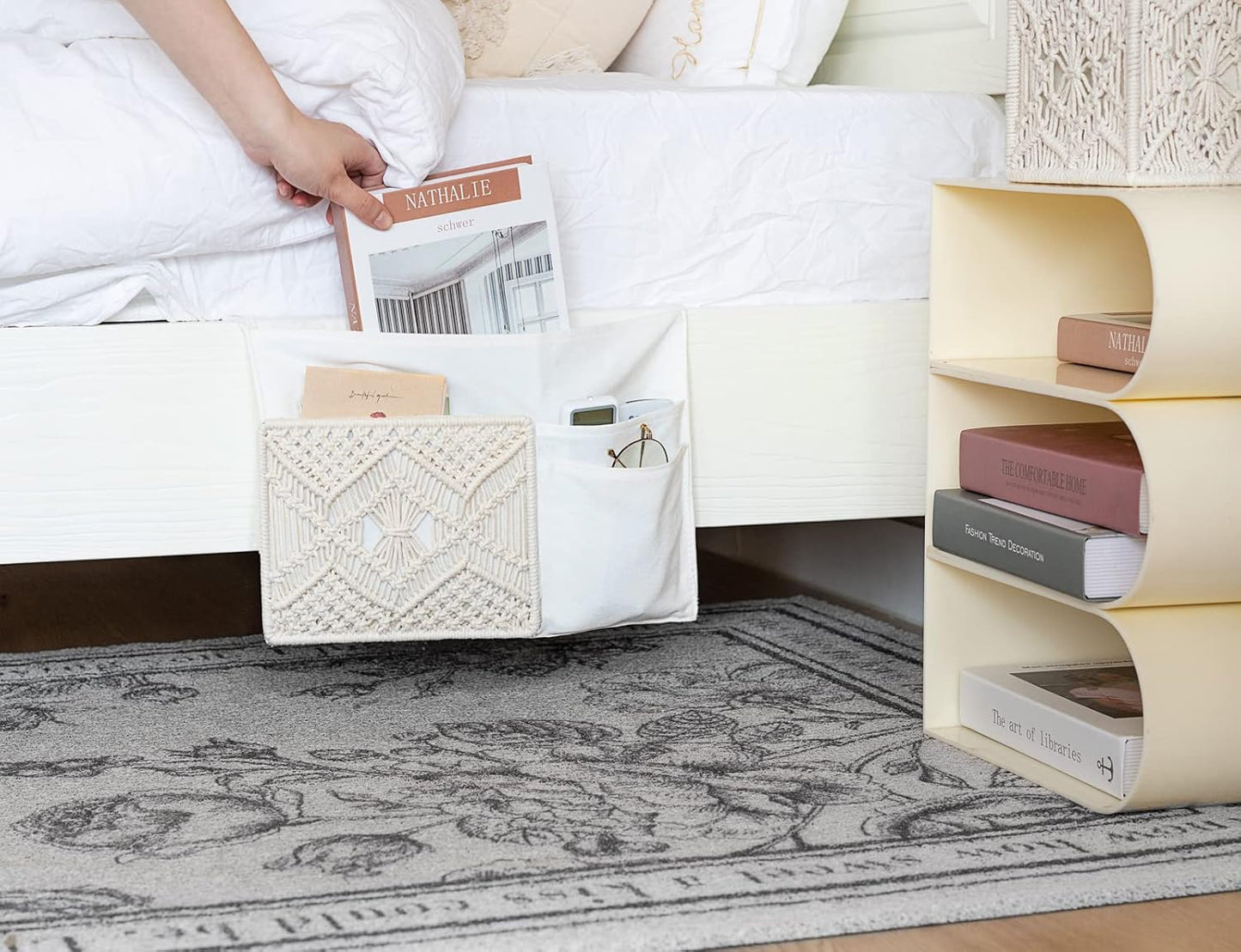 Mkono Couch Bedside Caddy Boho Remote Control Holder Macrame Armrest Storage Sofa Organizer with 4 Pockets for Magazine, Books, Tablet, Sunglasses, Cell Phone, IPad, Home Dorm Room Decor, Ivory