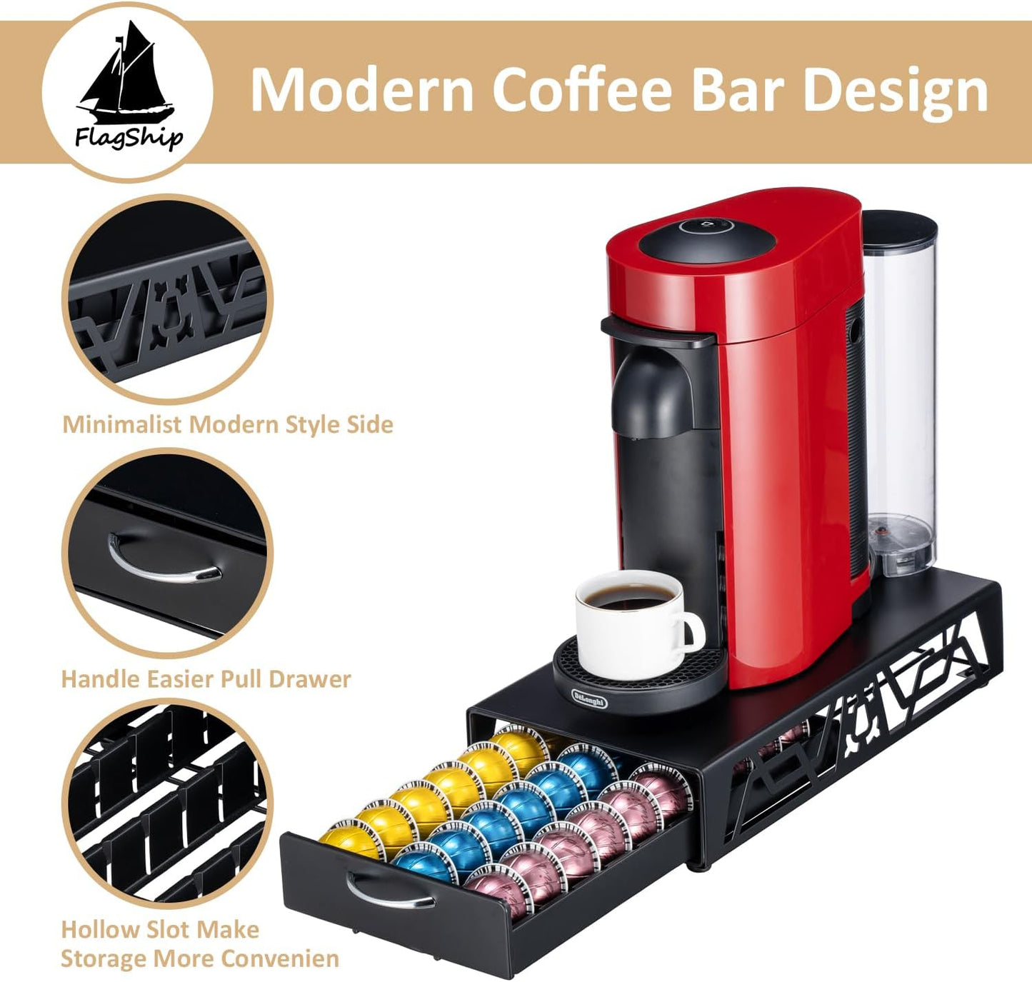 FlagShip Vertuo Pod Drawer Modern Black Metal Coffee Capsule Organizer & Space-Saving for Nespresso Pod Holder Coffee Machine Stand(30 Vertuo Pods Capacity)