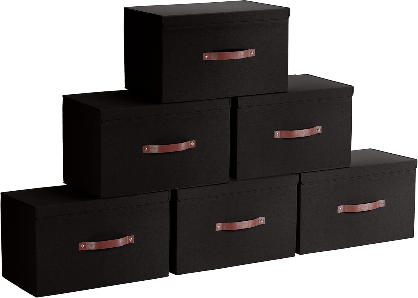 Ornavo Home 6 Pack Collapsible Storage Bins with Lid, Foldable Linen Fabric Shelf Storage Basket Closet Organizer and Large Storage Box for Clothes with Leather Handles, 15 x 10 x 9, Black