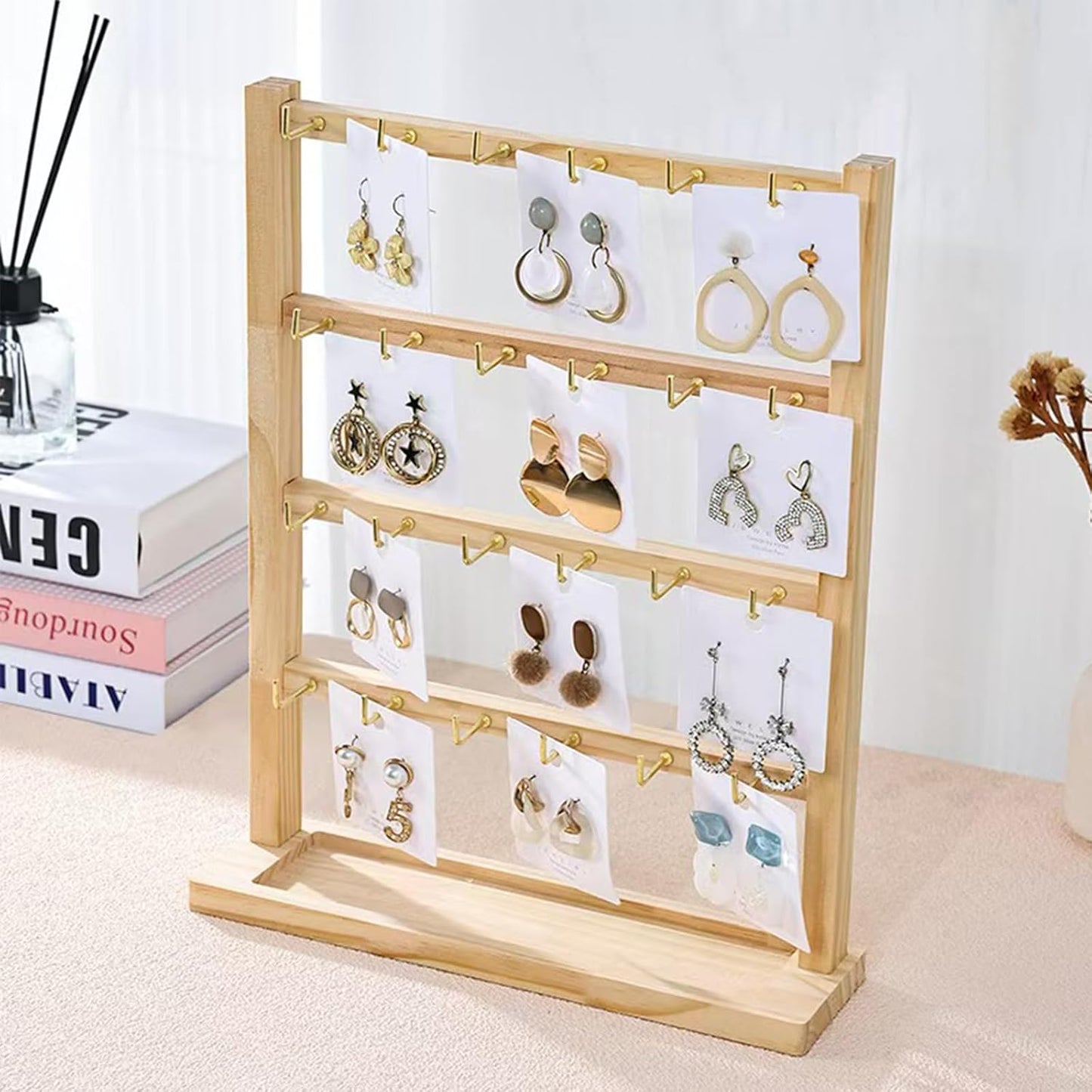 4 Layers of Wooden Display Eacks With Hooks for Necklaces. Rings, Earrings, Bracelets, And Other Jewelry Storage Display Rack