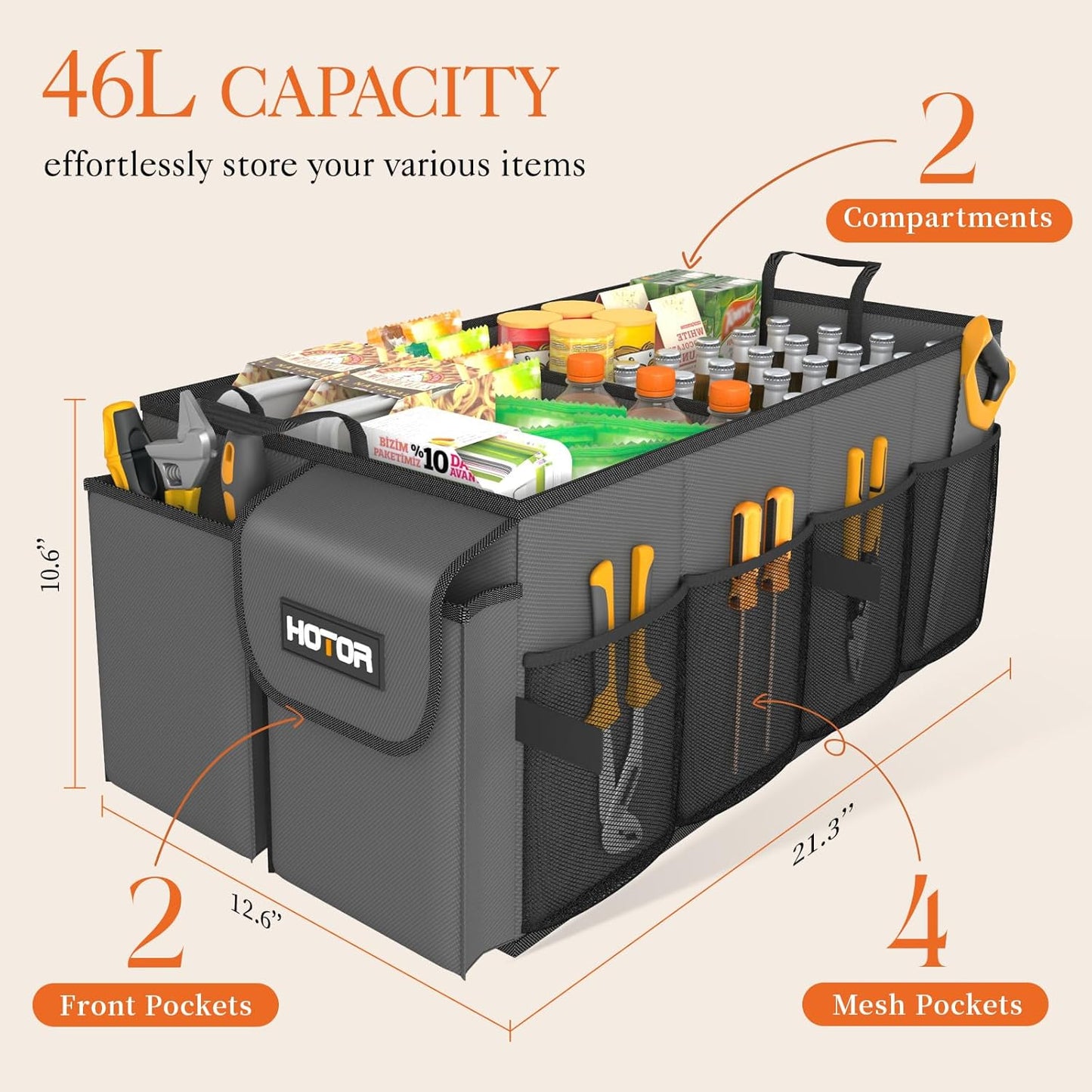 HOTOR Foldable Trunk Organizer - 2-Compartment 21.3"×12.6"×10.6" Grey SUV & Sedan Organizer for Accessories, Tools and Sundries