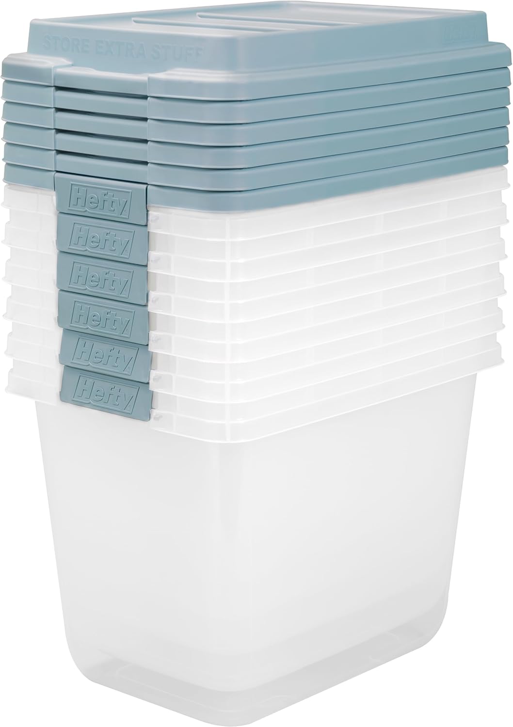 Hefty HI-RISE 32 Qt Stackable Storage Bins with Lids – 6 Pack Clear Plastic Under Bed Storage Containers, Shoe Organizer Boxes with XL Lid-Locking Latches, Comfort-Grip Handles, Durable Double Rim