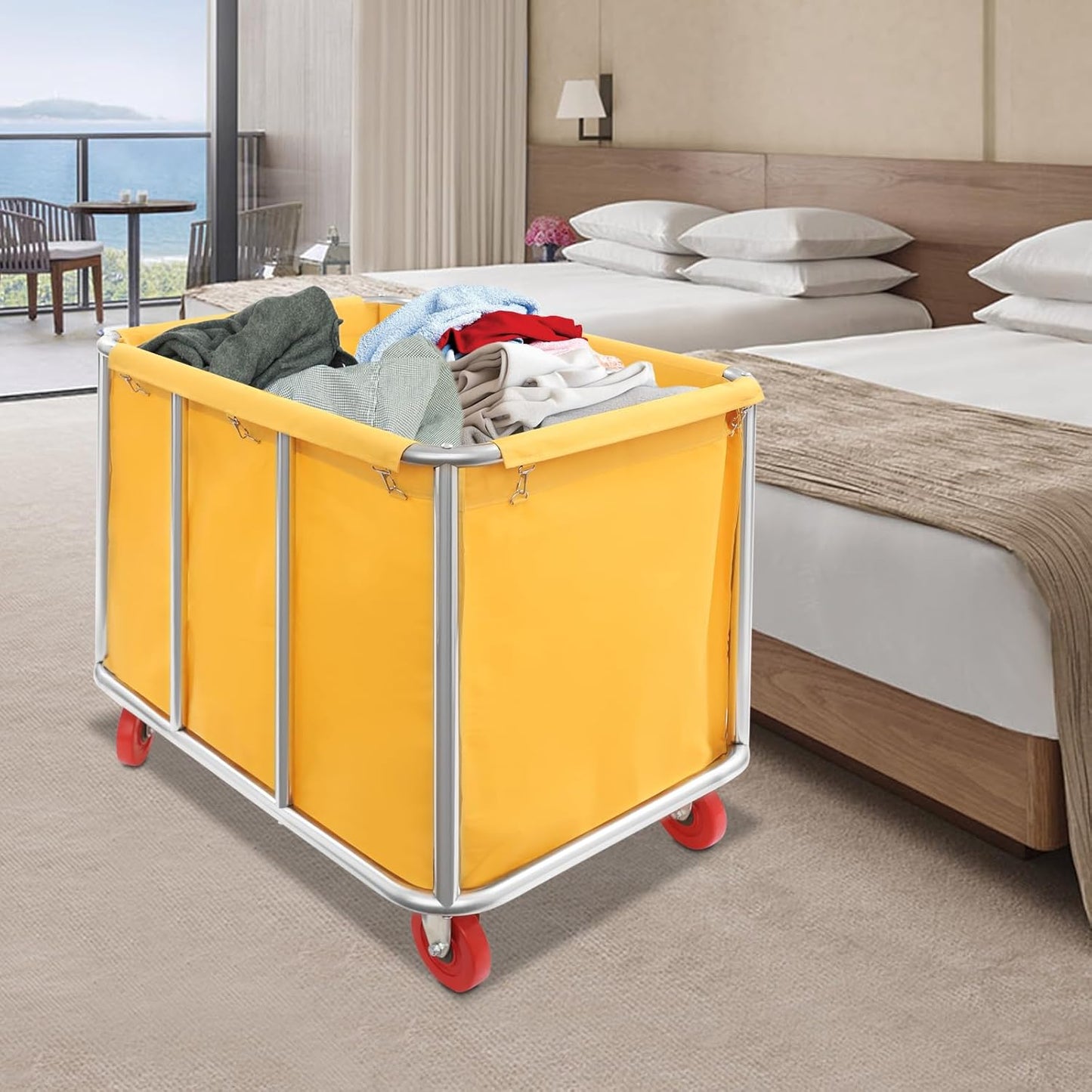 Commercial Laundry Cart with Wheels, Laundry Hamper Cart,Heavy Duty Rolling Laundry Basket with Large Capacity,Laundry Sorter Trolley for Home Hotel Apartment (Yellow, 35.43 * 25.6 * 31.5in)