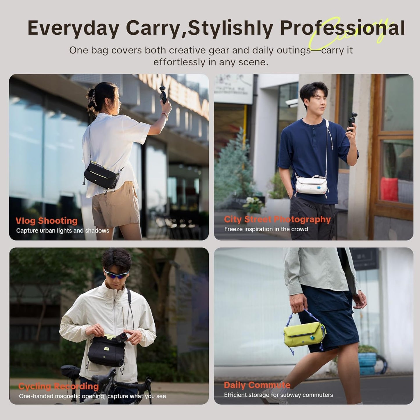 PGYTECH OneGo Pocket Sling for DJI Osmo Pocket 3, Portable Splashproof Everyday Carry Case with Detachable Strap, 2L, 3-Layer Storage Carrying Bag for Smartphones & Action Cameras Accessories, White