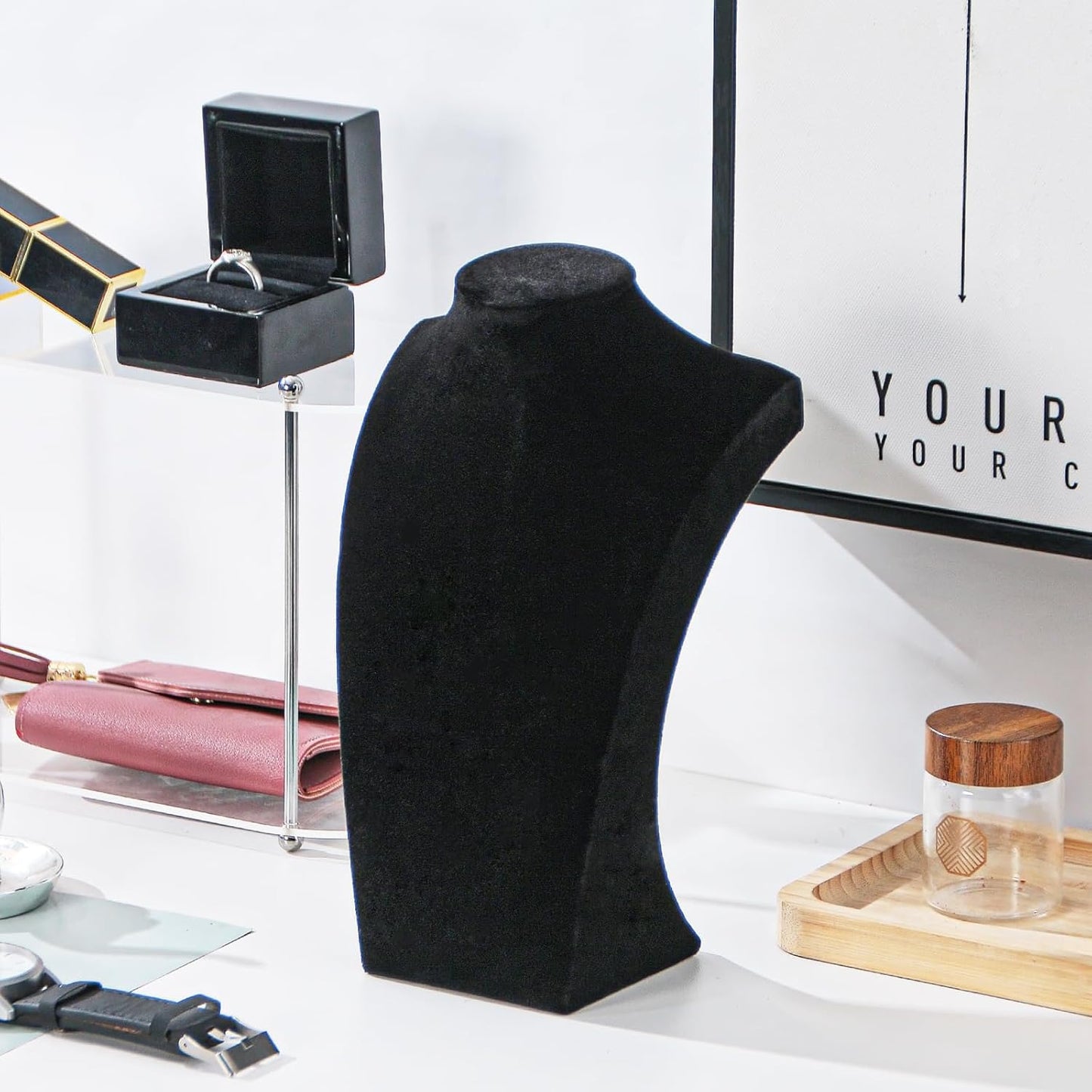 Necklace Bust Display Stand, Black Velvet Necklace Display Holder, Jewelry Necklace Organizer Rack for Home Use or Shop Show (9" Height)
