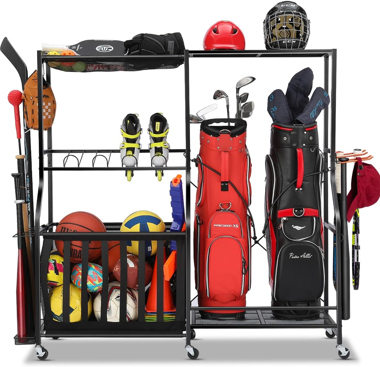 Garage Sports Equipment Organizer with Wheels - Golf Bag Storage Rack and Ball Storage Bins, Heavy Duty Rolling Garage Organizer System with Basket and Hooks for Indoor/Outdoor Sports Gear