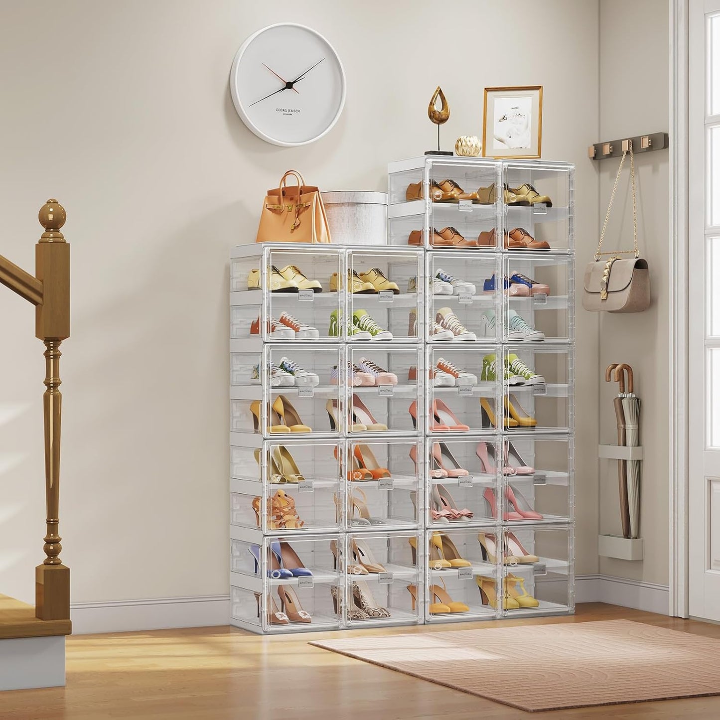 BROVIEW Foldable Shoe Rack, Large Stackable Sneaker Organizer Storage Box with Magnetic Clear Door, Plastic Folding Shoes Cabinet Bins, Shoe Shelf Space Saving for Closet, Entryway 10 Tier 20 Grids