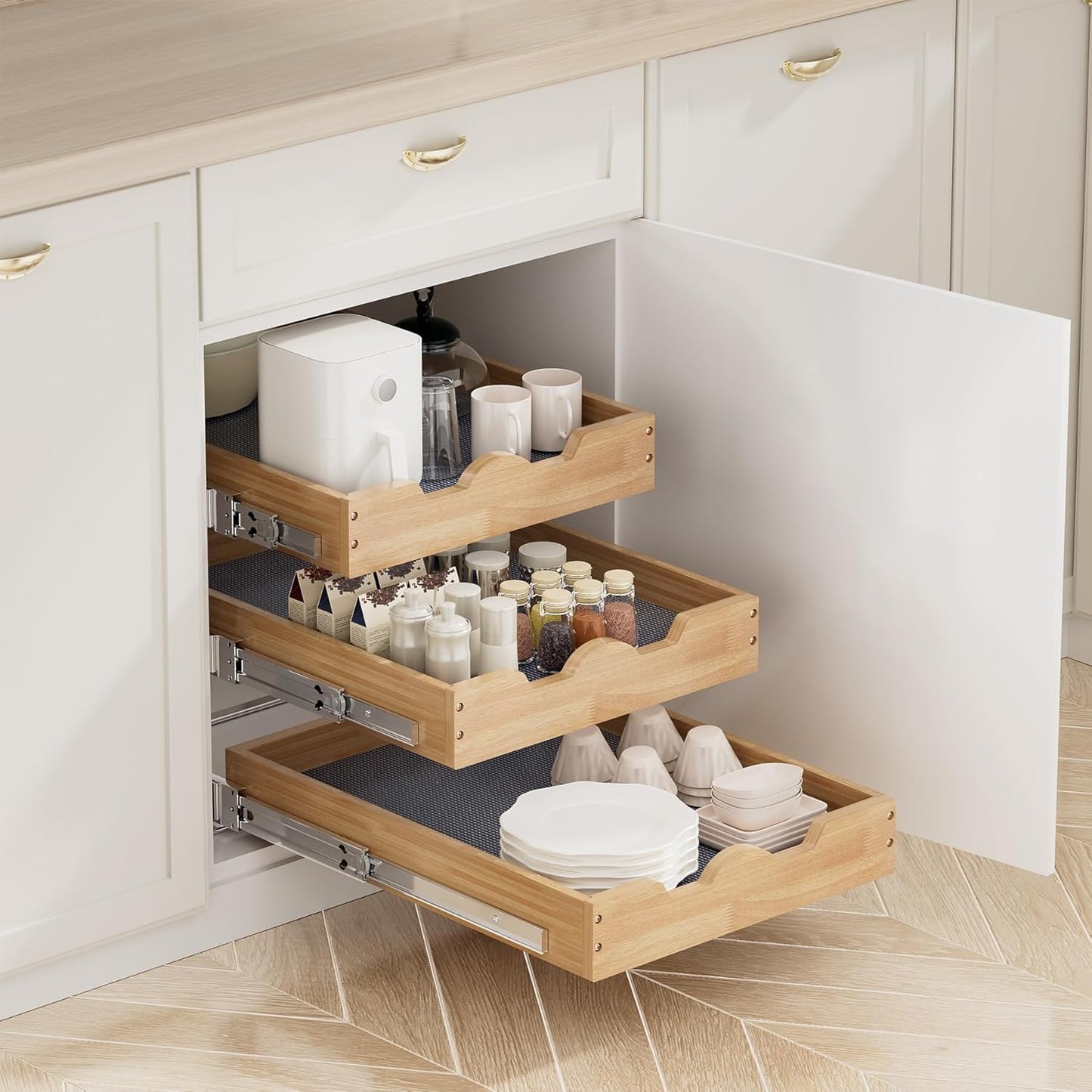 DINDON 3 Tier Pull Out Cabinet Organizer 20”W X21”D Slide Out Shelves With Shelf Liner for Kitchen Wood Roll Out Drawers Pantry Organization