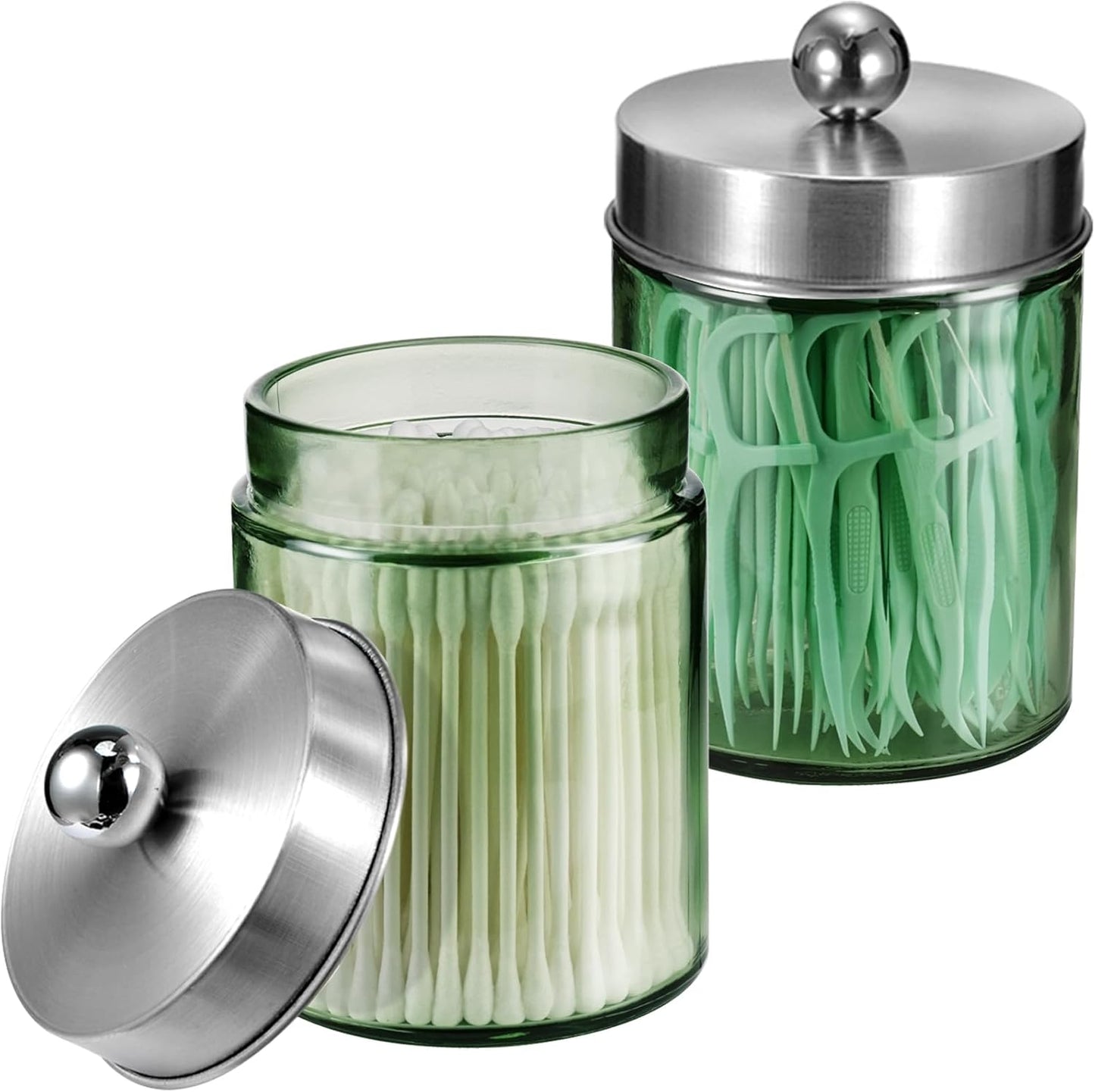 Amolliar Sage Green Qtip Holder, Glass Apothecary Jar Metal Lid & Sticker, Bathroom Qtip Dispenser Storage Canister, Perfect for Cotton Balls, Swabs, Round Pads, Bath Salt, Floss,Brushed Nickel 2 Pack