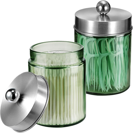 Amolliar Sage Green Qtip Holder, Glass Apothecary Jar Metal Lid & Sticker, Bathroom Qtip Dispenser Storage Canister, Perfect for Cotton Balls, Swabs, Round Pads, Bath Salt, Floss,Brushed Nickel 2 Pack