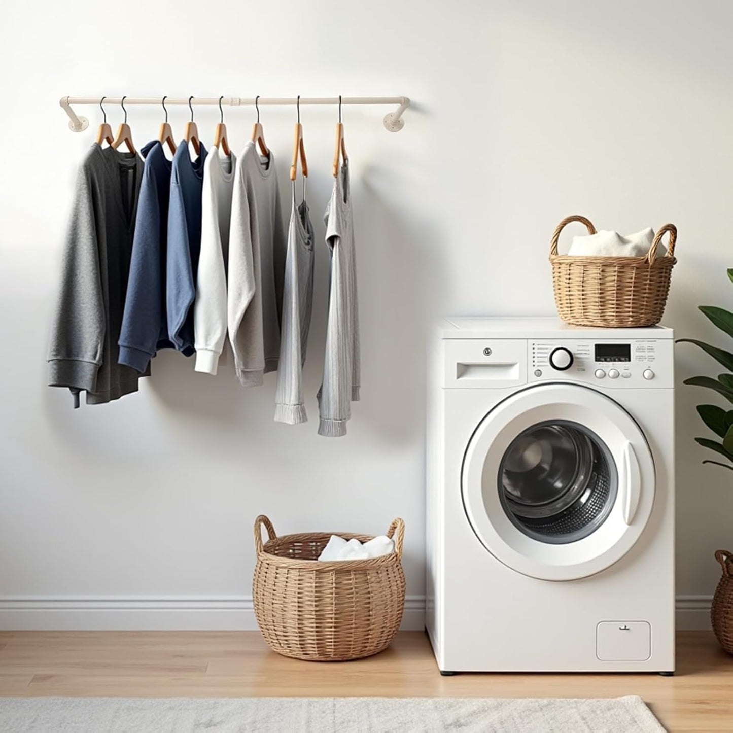 54" White Wall Mounted Clothes Rack, Industrial Pipe Iron Garment Bar, Heavy-Duty Detachable Clothing Rod, Multi-Purpose Metal Wall Display Hanging Pole for Closet Storage, Laundry Room 2 Base