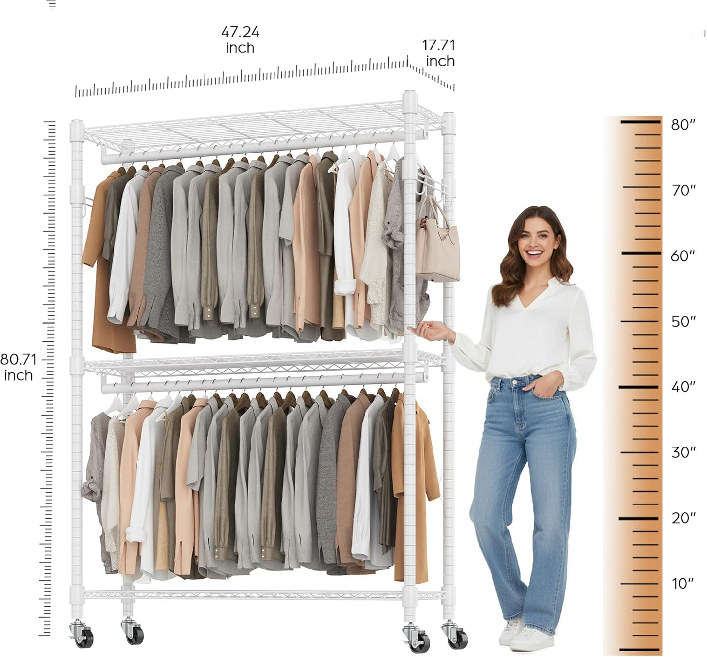 BATHWA Heavy Duty Garment Rack on Wheels, Rolling Clothes Racks for hanging clothes, Modern Closet Wardrobe Clothing Rack with 8 Side Hangers, White
