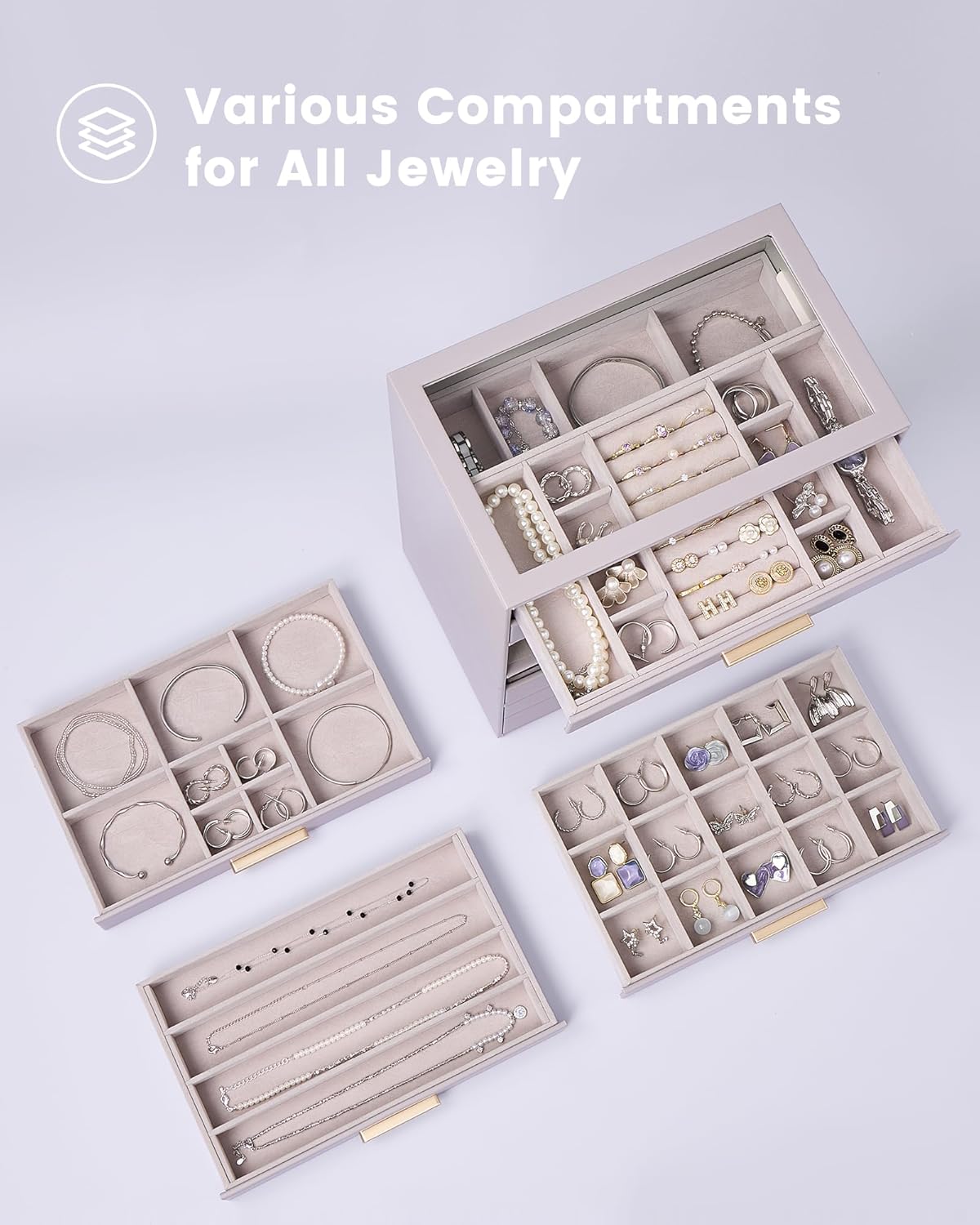 Lolalet Jewelry Box Organizer, 4-Layer Jewelry Organizers and Storage Case with Glass Lid, Ring Earring Bracelet Necklace Holder Organizer, Birthday Christmas Gifts for Women Girls -4Layer, HazePurple