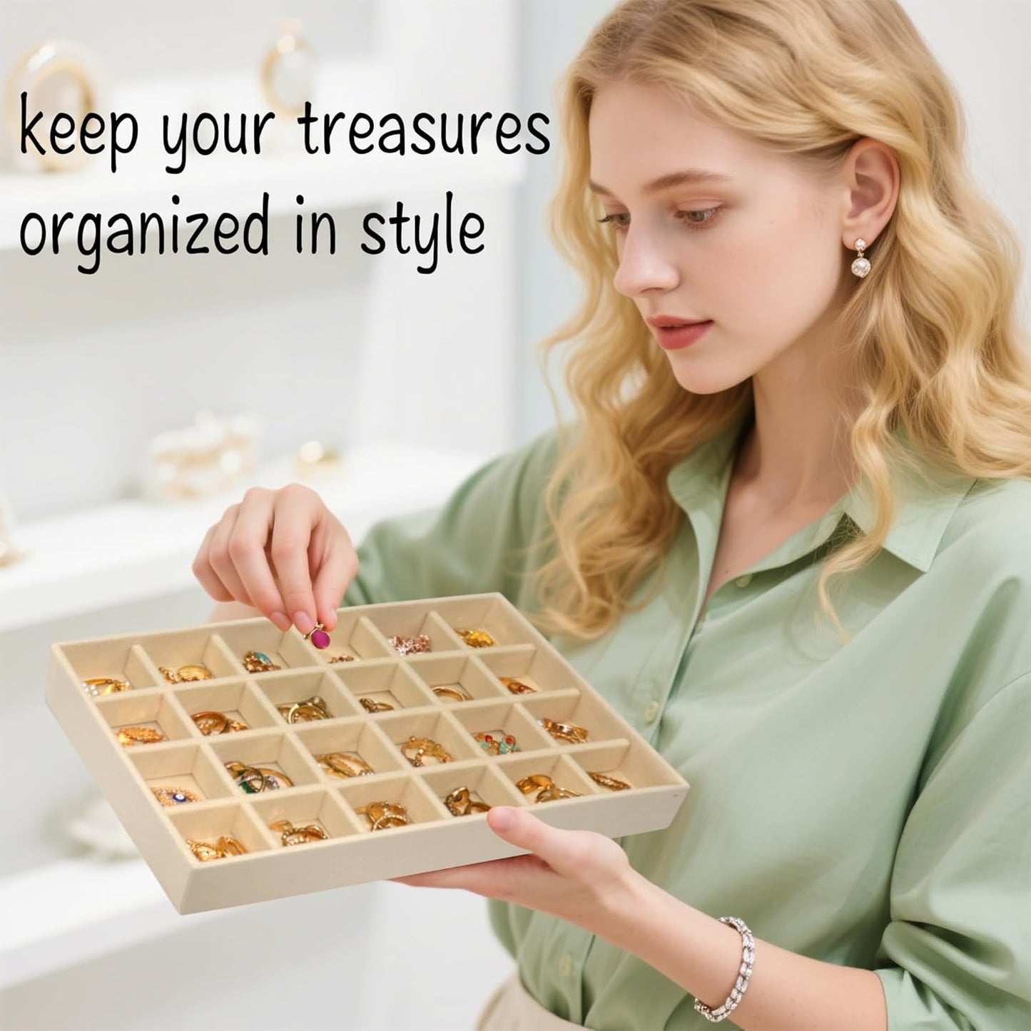 24 Grid Stackable Jewelry Organizer Tray Velvet Jewelry Drawer Inserts Earring Organizer for Women Jewelry Display Box Case for Earring Rings Stud Necklaces (Set of 8, Beige