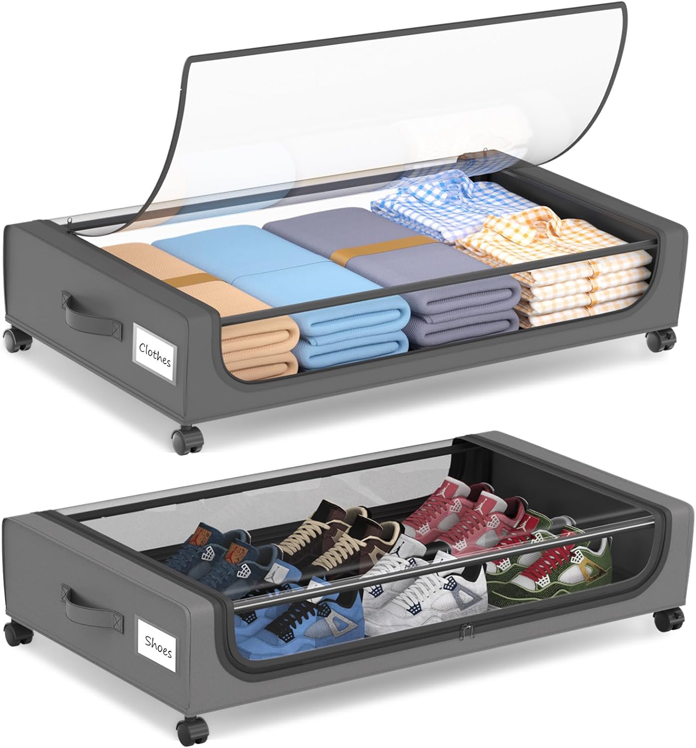 Large Under Bed Storage with Wheels, Under Bed Storage Containers, Under Bed Shoe Storage Organizer, Rolling Underbed Storage Containers for Bedroom Clothes Shoes Blankets, 2 Pack, Grey