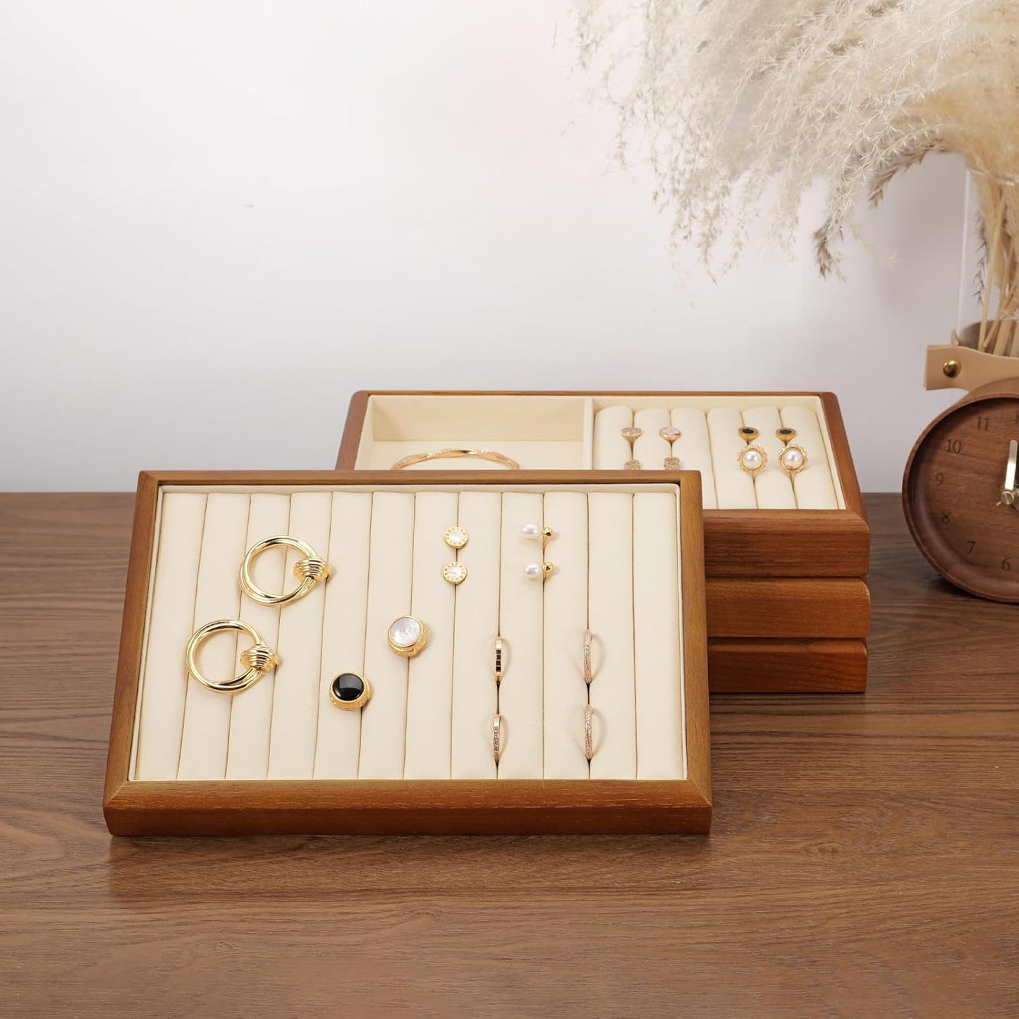 Oirlv Solid Wood 11 Slots Ring Tray Jewelry Organizer Tray Jewelry Drawer Organizer(Creamy-white)