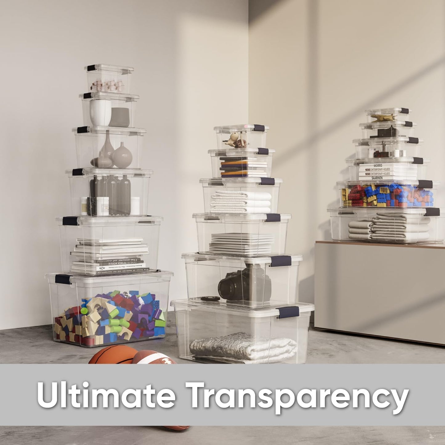 Superio Clear Storage Boxes with Lids, 26 Quart Plastic Container Bins for Organizing, Stackable Crates, BPA Free, Non Toxic, Odor Free, Organizers for Home, Office and Dorm, 8 Pack