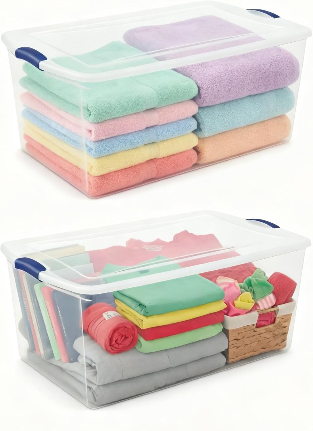 2-Pack 105 Quart Heavy Duty Plastic Storage Bins, Stackable Containers with Clear Lids & Blue Latches for Bedding, Clothing, Holiday Decor - Ideal for Garage & Closet