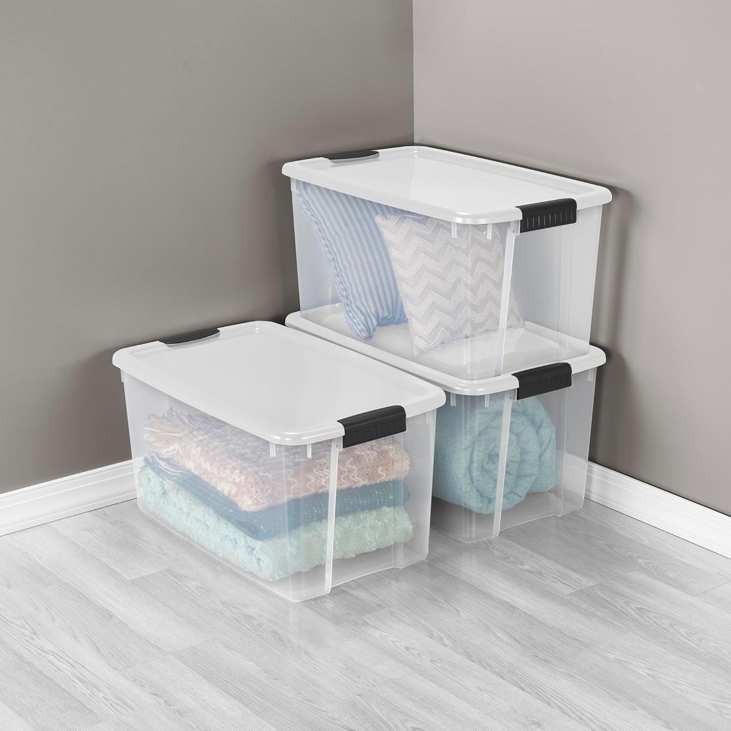 Sterilite 12-Pack Ultra Latching Box, Storage Bins with Lids, Clear Plastic, 70 Quart - Heavy-Duty Organizing Containers for Closet, Bathroom, and Office