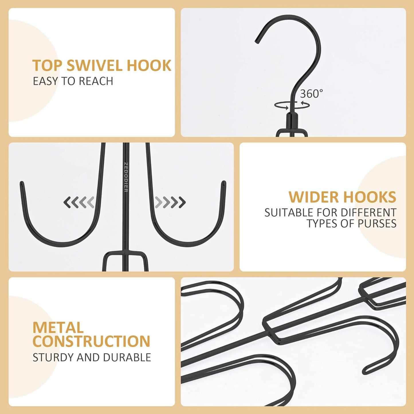 ZEDODIER 2 Pack Purse Organizer for Closet, Rotatable Purse Hanger Bag Holder, Max 16 Storage Capacity Backpack Rack, Metal Space Saving Hanger, Black