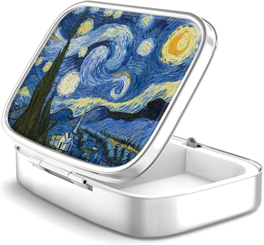 Pill Box 2 Compartment Small Pill Case,Portable for Pocket or Purse Pill Organizer Pill Container Holder to Hold Vitamins, Medication, Fish Oil and Supplements(Starry Night)