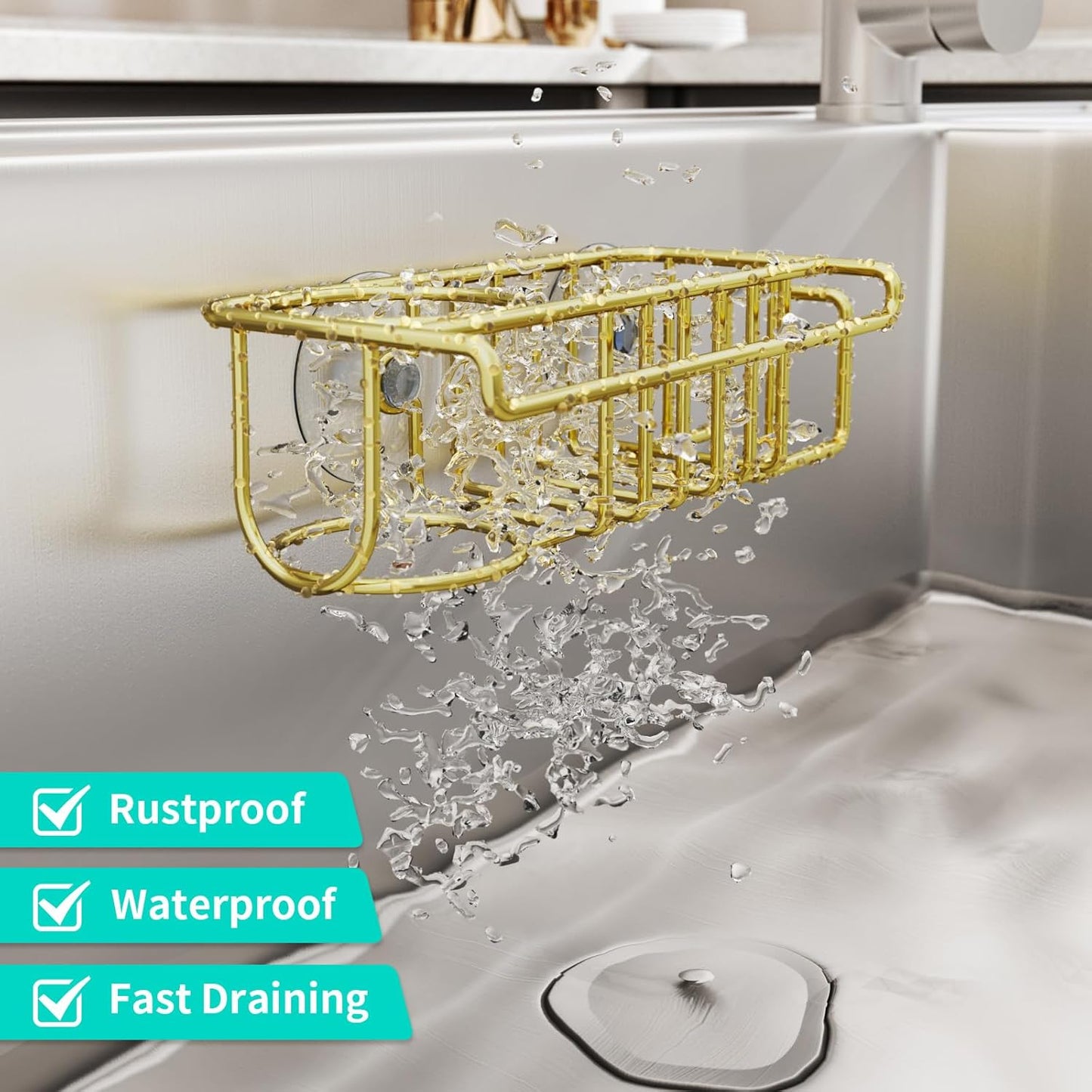HapiRm Sponge Holder for Kitchen Sink, No Drill Kitchen Sink Caddy Organizer, Rustproof Dish Sponge Holder- Gold(8.73 * 3.54 * 2.36in)