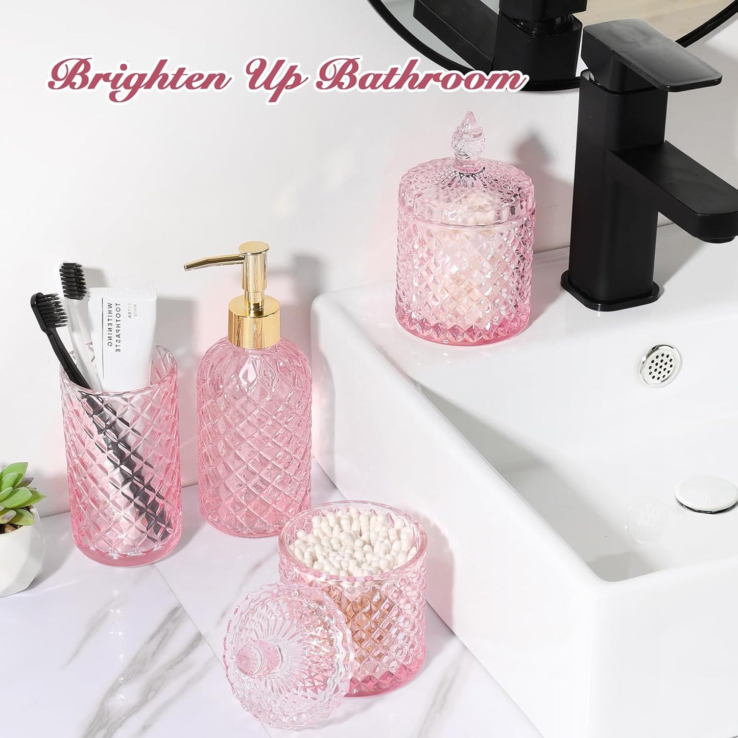 Pink Bathroom Accessories Set, 4 Pack Pink Bathroom Decor Accessory Sets Complete, Diamond Glass Soap Dispenser and Toothbrush Holder Set for Bath Counter Organizer Essentials