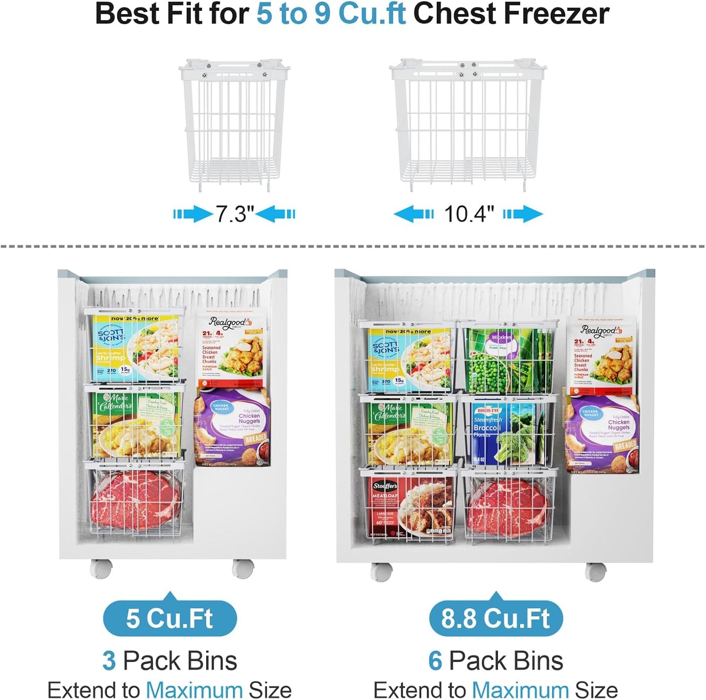 iSPECLE Freezer Organizer Bins - 5 Pack Adjustable & Extra Large Chest Freezer Organizer Bins for 5 to 9 Cu.Ft Deep Freezer, Easy Organize Basket Store More, Stackable No Wasted Space, White