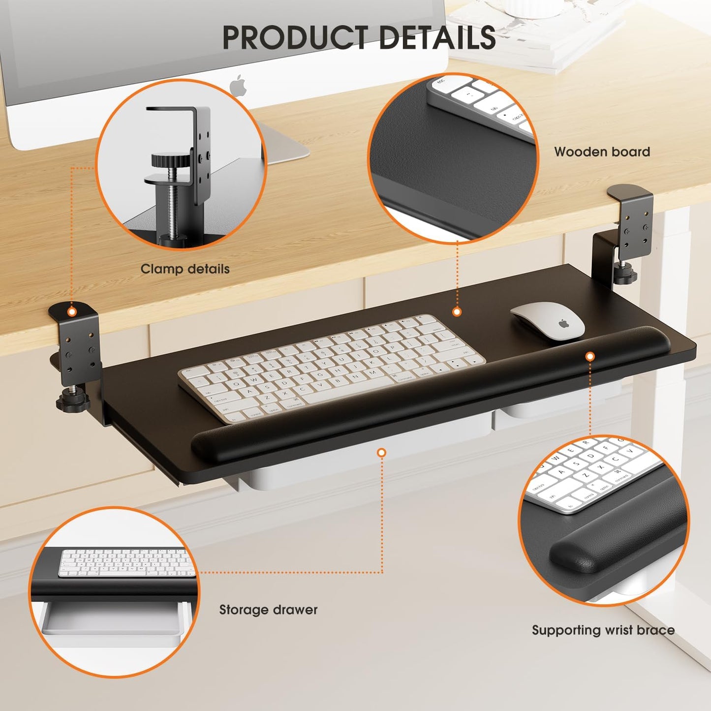 Keyboard Tray Under Desk with a Soft Wrist Rest，Under Desk Keyboard Tray Slide Out with 2 Storage Drawers，C Clamp-on Mount Ergonomic Keyboard Tray for Home and Office，26.5"x11.6"