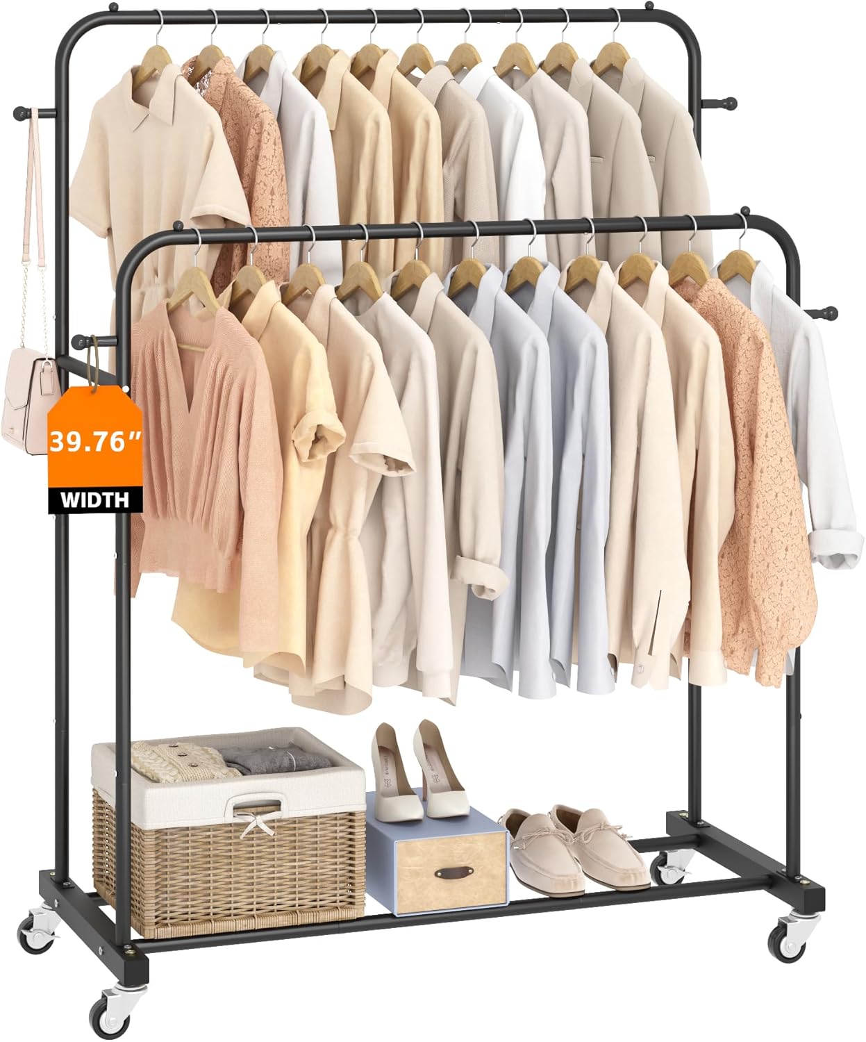 Laiensia Double Rods Garment Rack with Wheels, Clothing Rack for Hanging Clothes,4 Hooks, Multi-functional Bedroom Clothes Rack, Black
