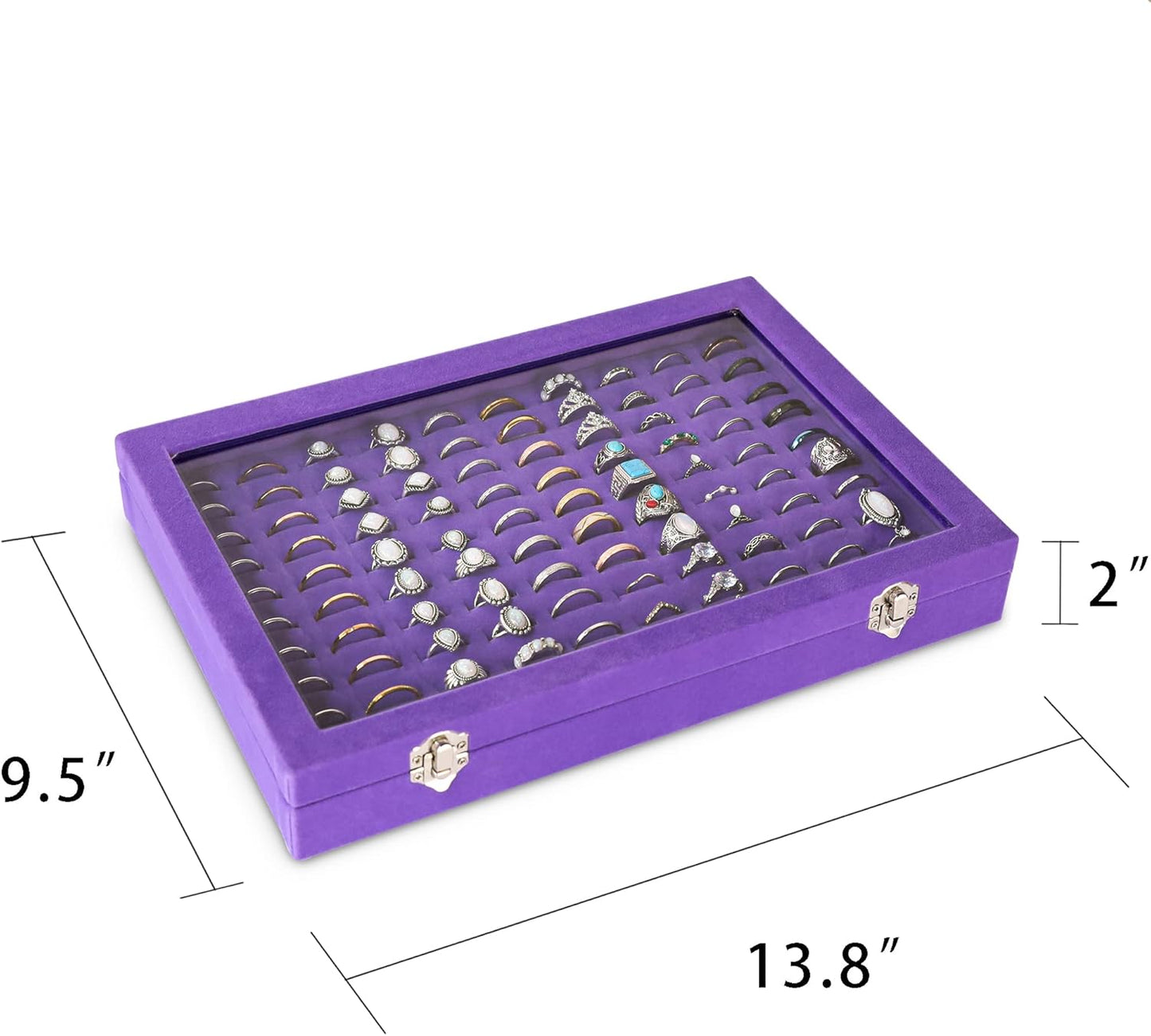 Frebeauty Ring Organizer Tray 100 Slots Ring Holder with Clear Lid Velvet Storage Box Jewelry Tray for Jewelry Store Earring Display Case for Jewelry Show Studs Box for Women(Purple)