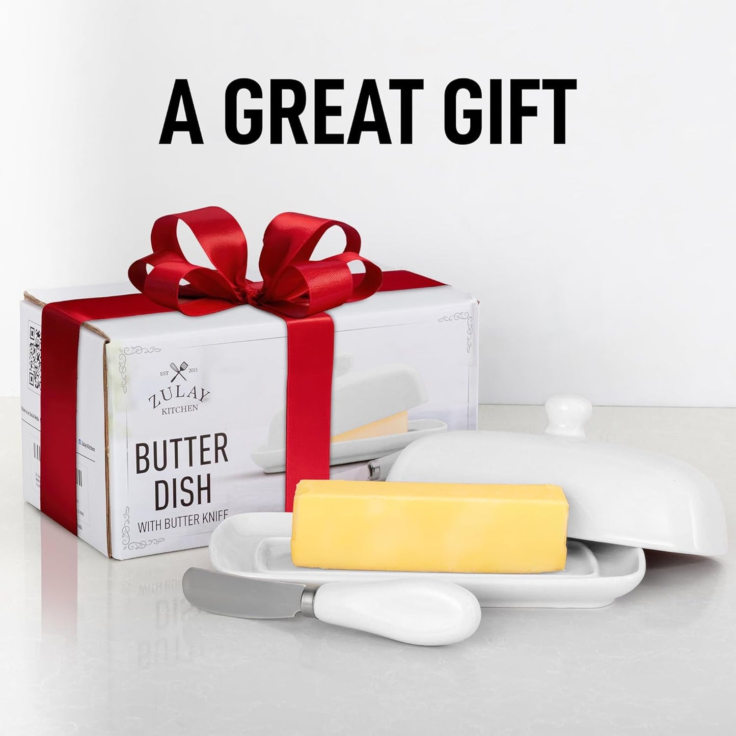 Zulay Kitchen Butter Dish With Lid For Countertop - Porcelain White, Ceramic Butter Dish with Knob Handle Great for Cooking - Elegant Design Butter Holder - Durable & Sturdy Butter Keeper - White
