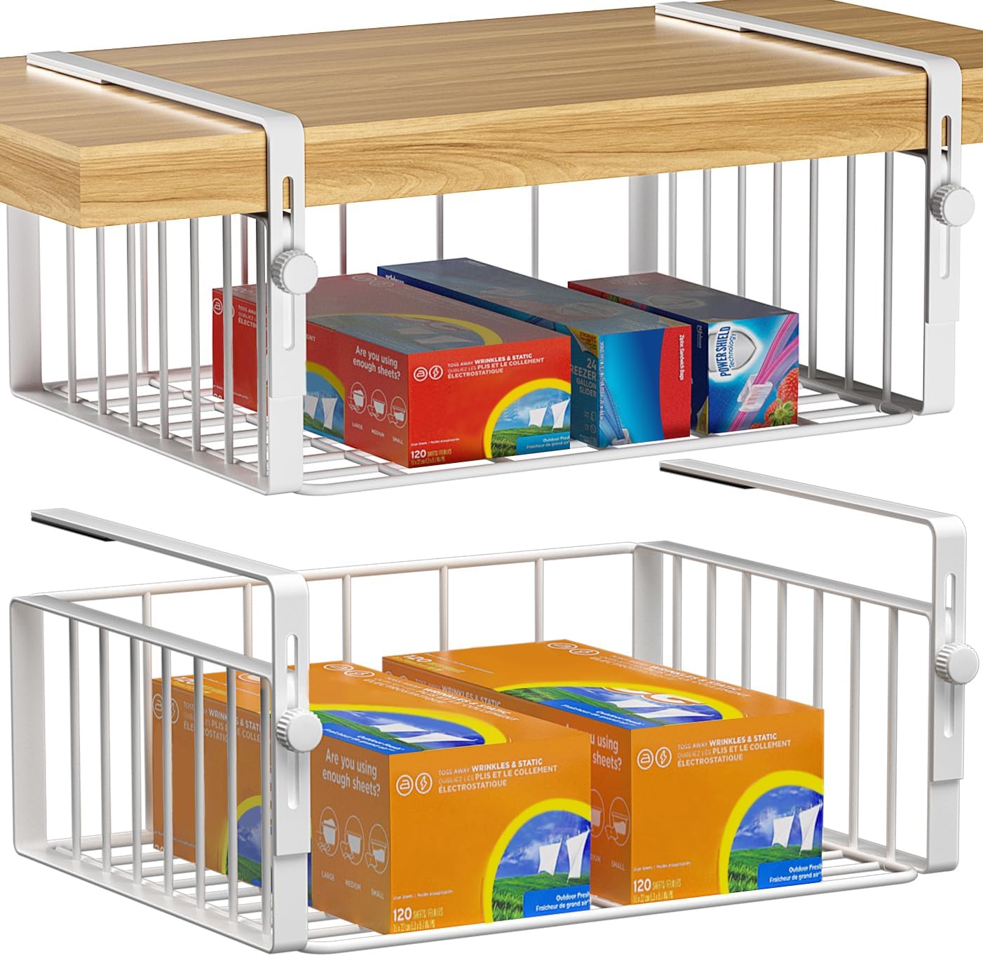 2Pack Under Shelf Basket Organizer,Adjustable Hanging Holder Storage for Cabinet Pantry Kitchen Cupboard Desk Counter Bookshelf Organization Add-on Space Saver Heavy Duty Slide-in,White