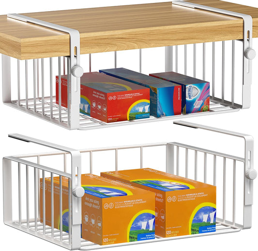 2Pack Under Shelf Basket Organizer,Adjustable Hanging Holder Storage for Cabinet Pantry Kitchen Cupboard Desk Counter Bookshelf Organization Add-on Space Saver Heavy Duty Slide-in,White