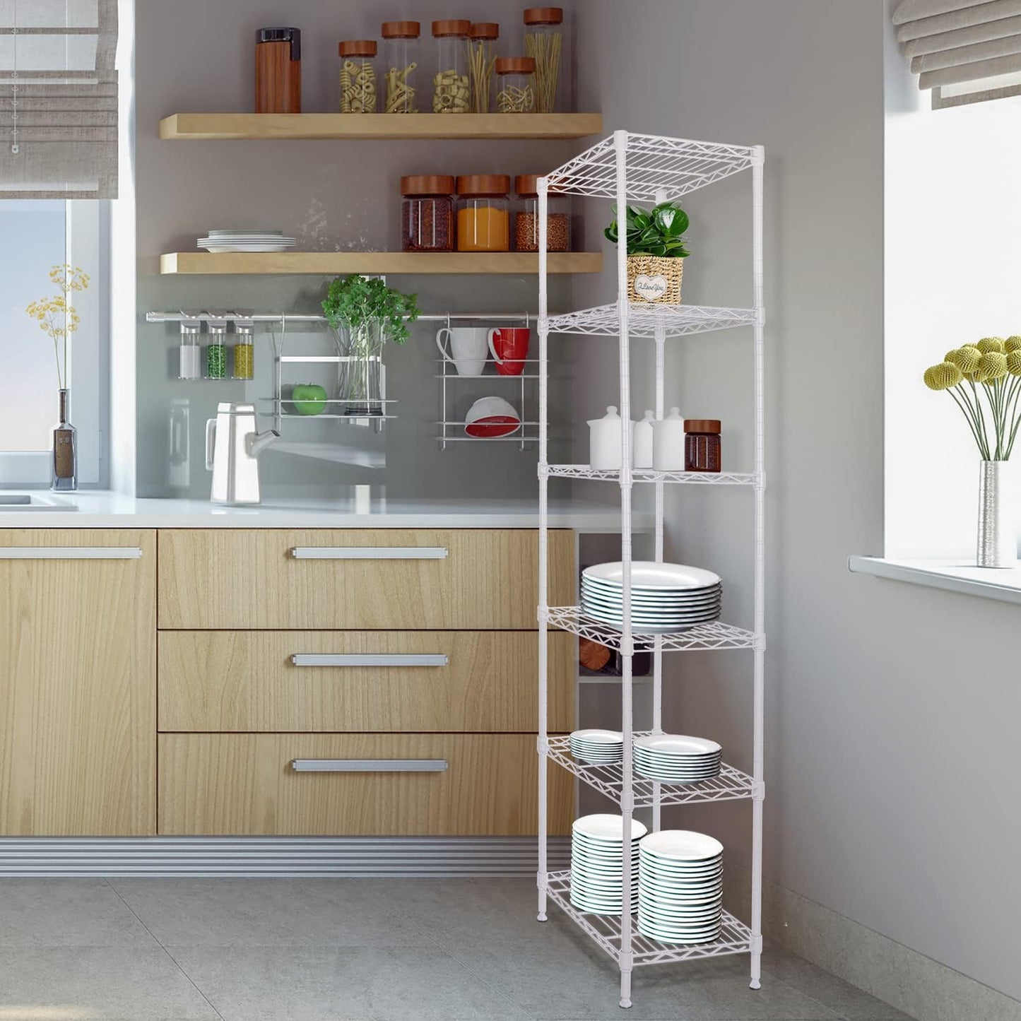 GIOTORENT 6-Tier Storage Shelves Standing Shelving Metal Units, Adjustable Height Wire Shelf Display Rack for Pantry Laundry Bathroom Kitchen 16.6” x 11.8” x 63”, White
