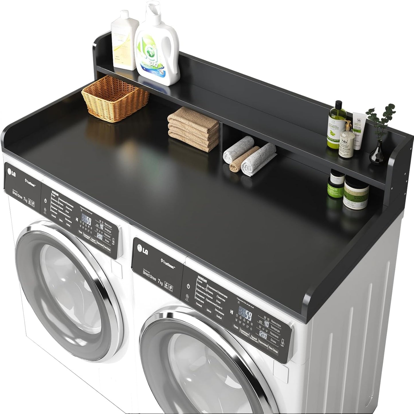 2-Tier Washer and Dryer Countertop with 2.75" H Guard,54" W x 27.5" D Laundry Countertop Cover with Non-Slip Pad,Large Space Laundry Topper for Folding Clothes Over Washer and Dryer-Black