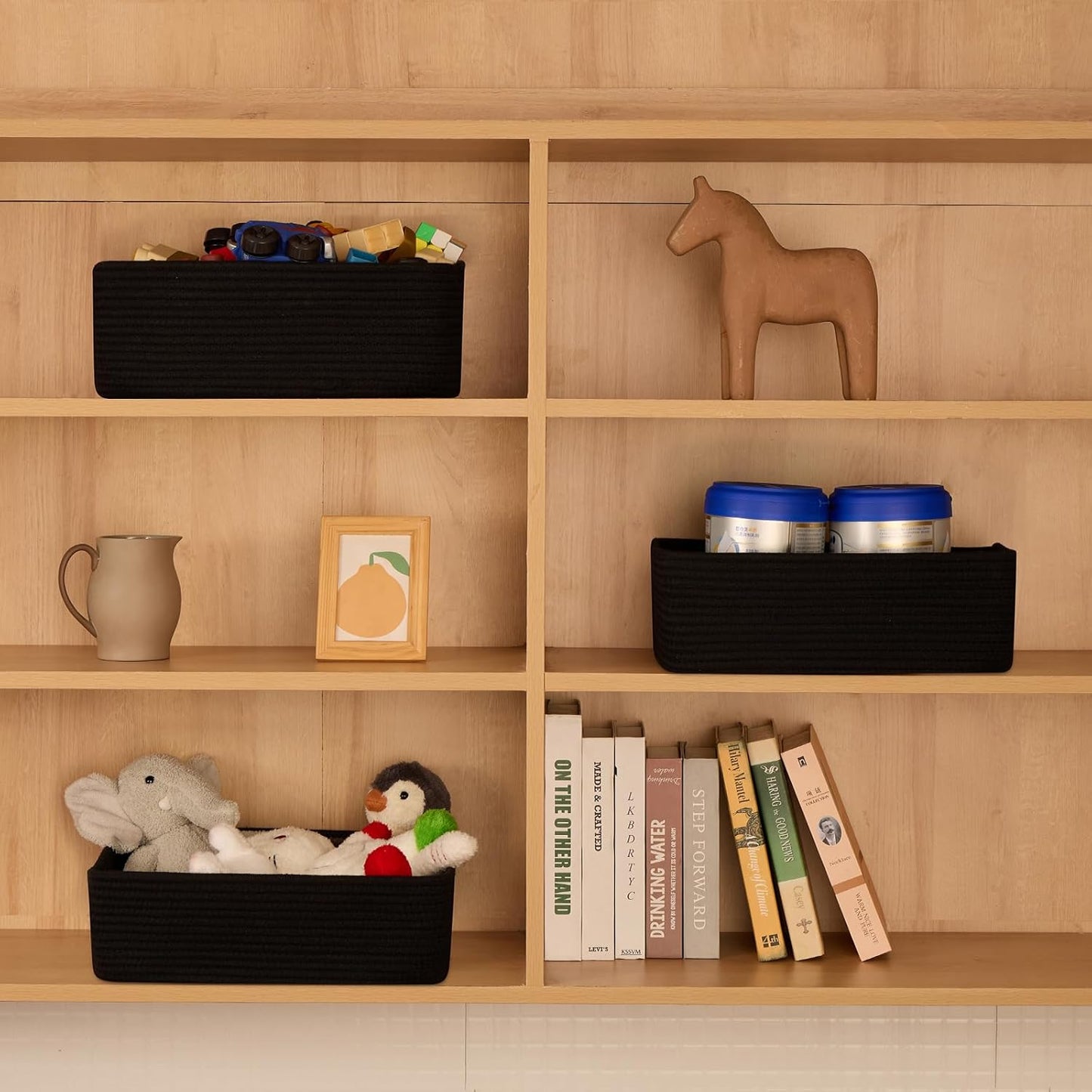 Large Shallow Organizing Baskets 15x11x5.1 Inches - Rope Woven Storage Bins for Bathroom, Shelves, Cube Closet, Black 4 Packs