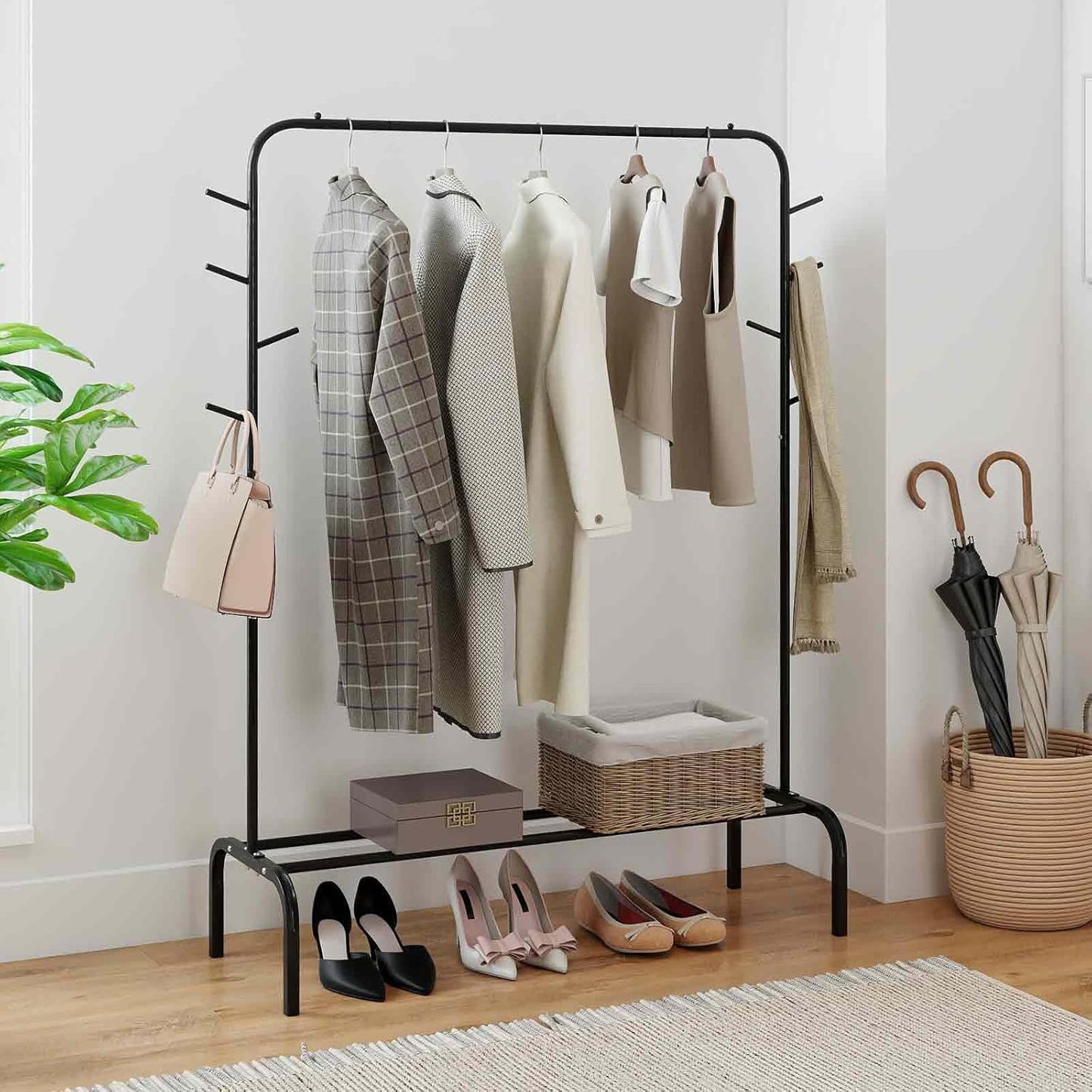 Giantex Clothes Rack for Hanging, 50" Wide Freestanding Garment Rack with Hanging Rod, 8 Hooks & Storage Shelf, Heavy-duty Metal Clothing Racks Wardrobe Organizer for Bedroom, Entryway, Laundry