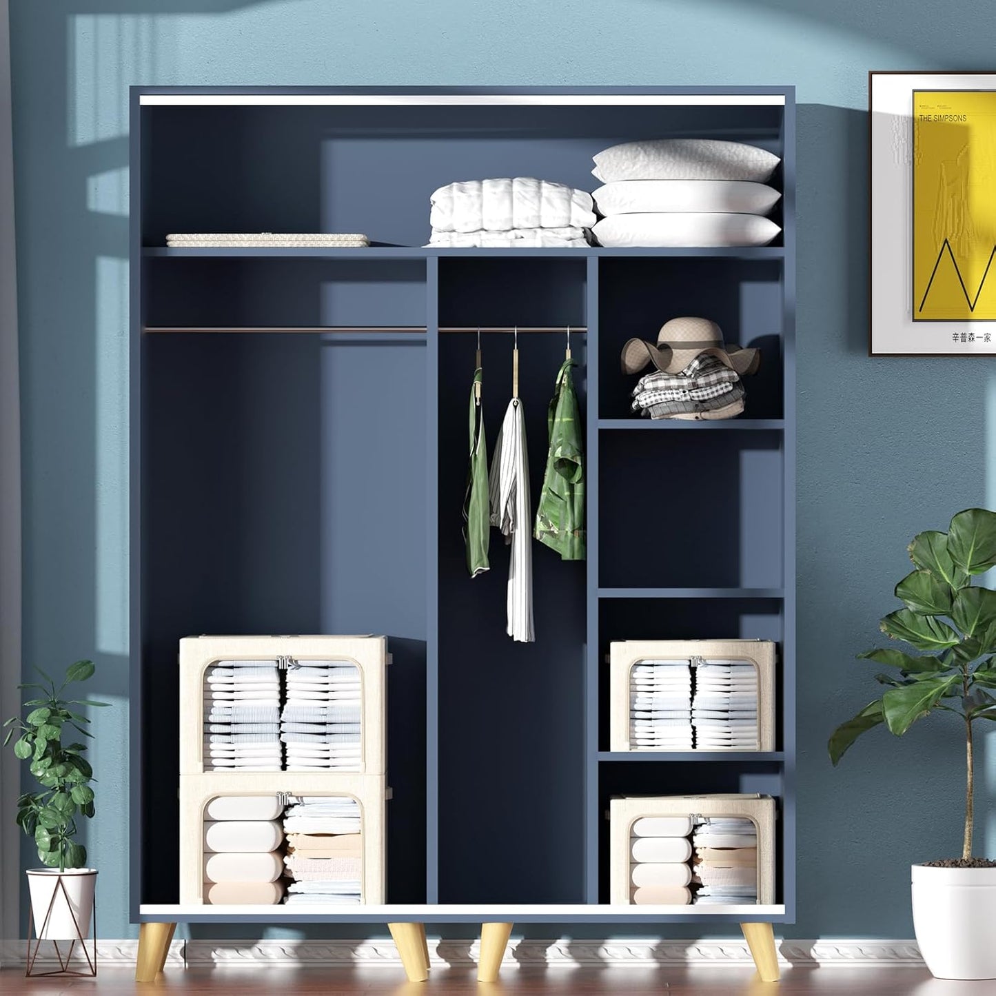 CYhom Clothes Storage Bins Box - Linen Fabric Foldable Stackable Container Organizer Set with Clear Window & Carry Handles & Metal Frame - 2Pack Large Capacity for Bedding, Blankets, Books