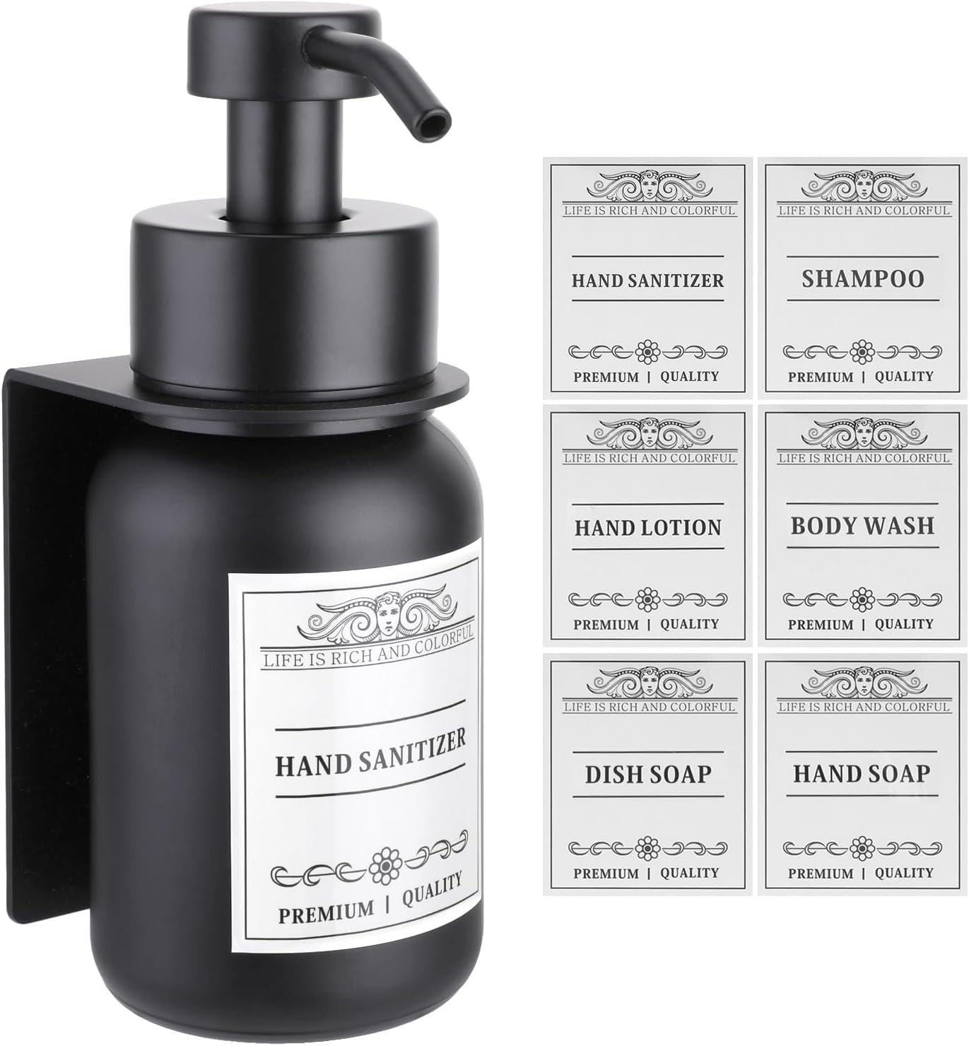 Black Glass Soap Dispenser Wall Mount for Bathroom with Pump and Drill-Free Holders - 8.5 Oz Hand Soap Dispenser, Shower Dispenser with Waterproof Labels