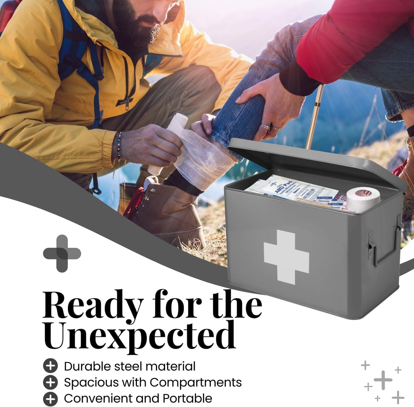 Flexzion Vintage First Aid Kit - 13" Gray Metal Box with Dividers, Removable Tray and White Cross Logo
